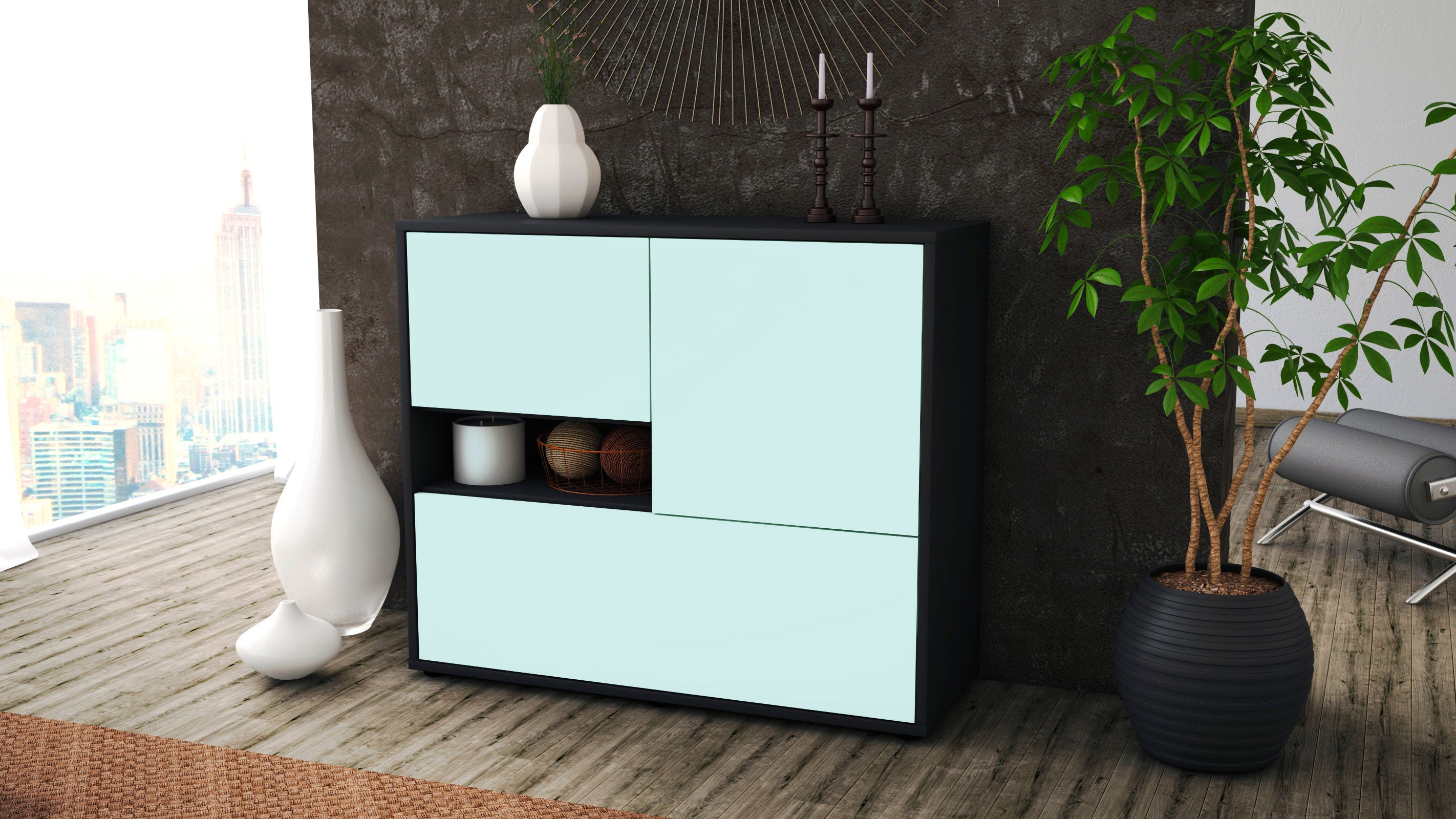 Sideboard - Debora - Design Farbakzent - Freistehend mit Push to open  92 cm Anthrazit