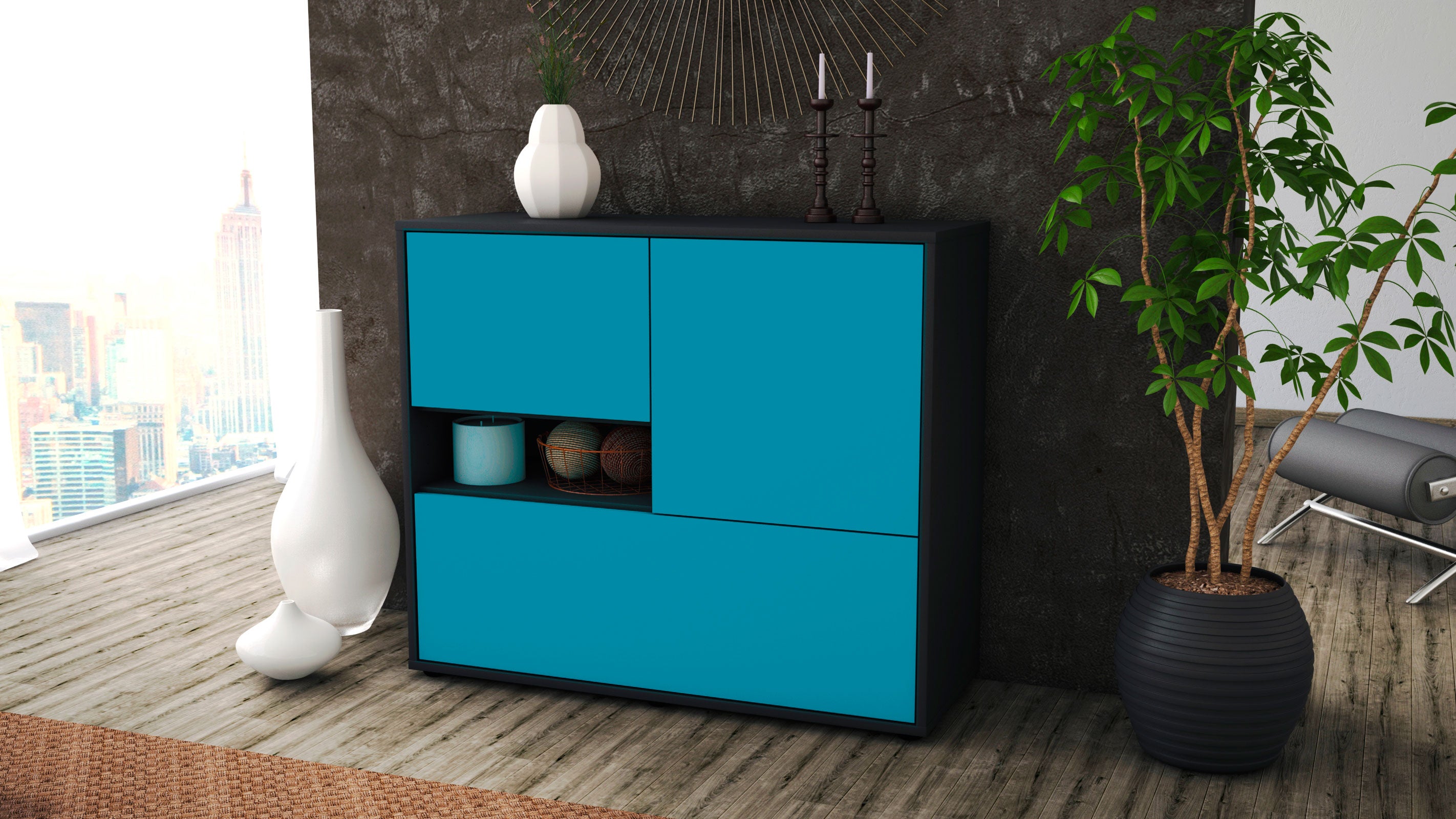 Sideboard - Debora - Design Farbakzent - Freistehend mit Push to open  92 cm Anthrazit