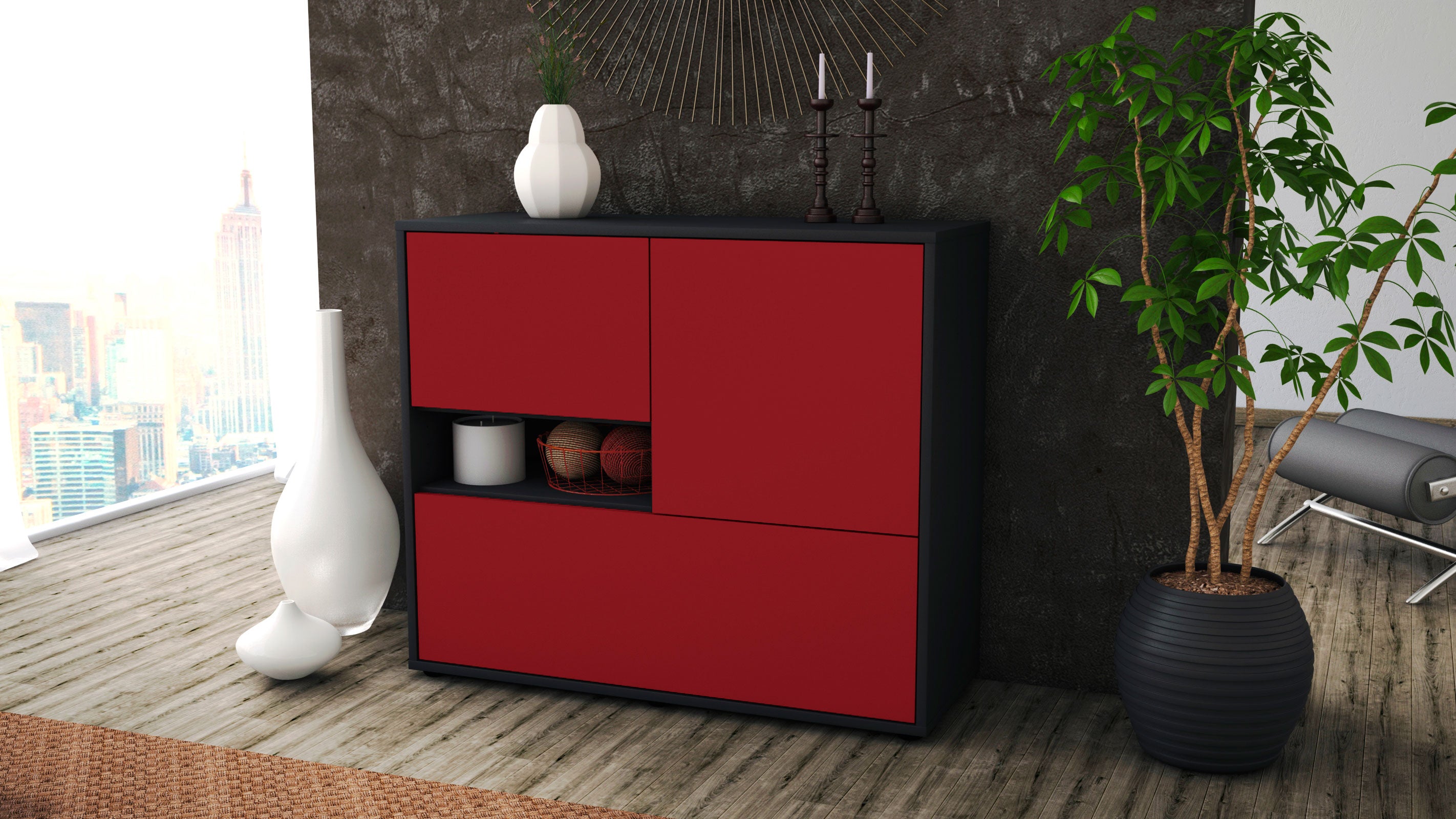 Sideboard - Debora - Design Farbakzent - Freistehend mit Push to open  92 cm Anthrazit