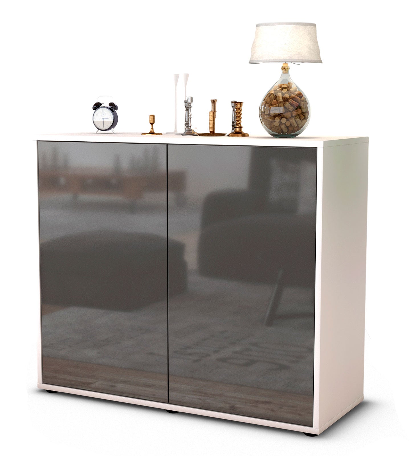 Sideboard - Blanka - Design Hochglanz - Freistehend mit Push to open  92 cm Weiss