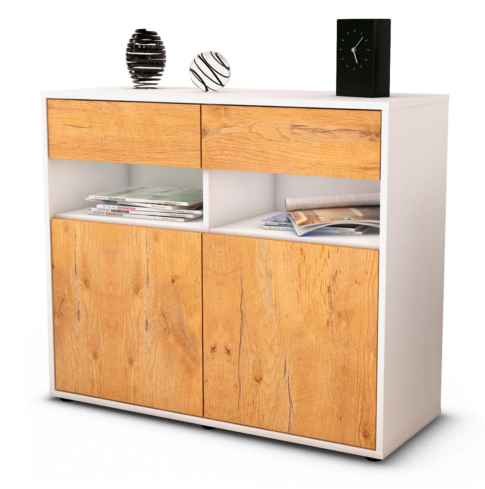 Sideboard - Bruna - Design Holzdekor - Freistehend mit Push to open  92 cm Weiss