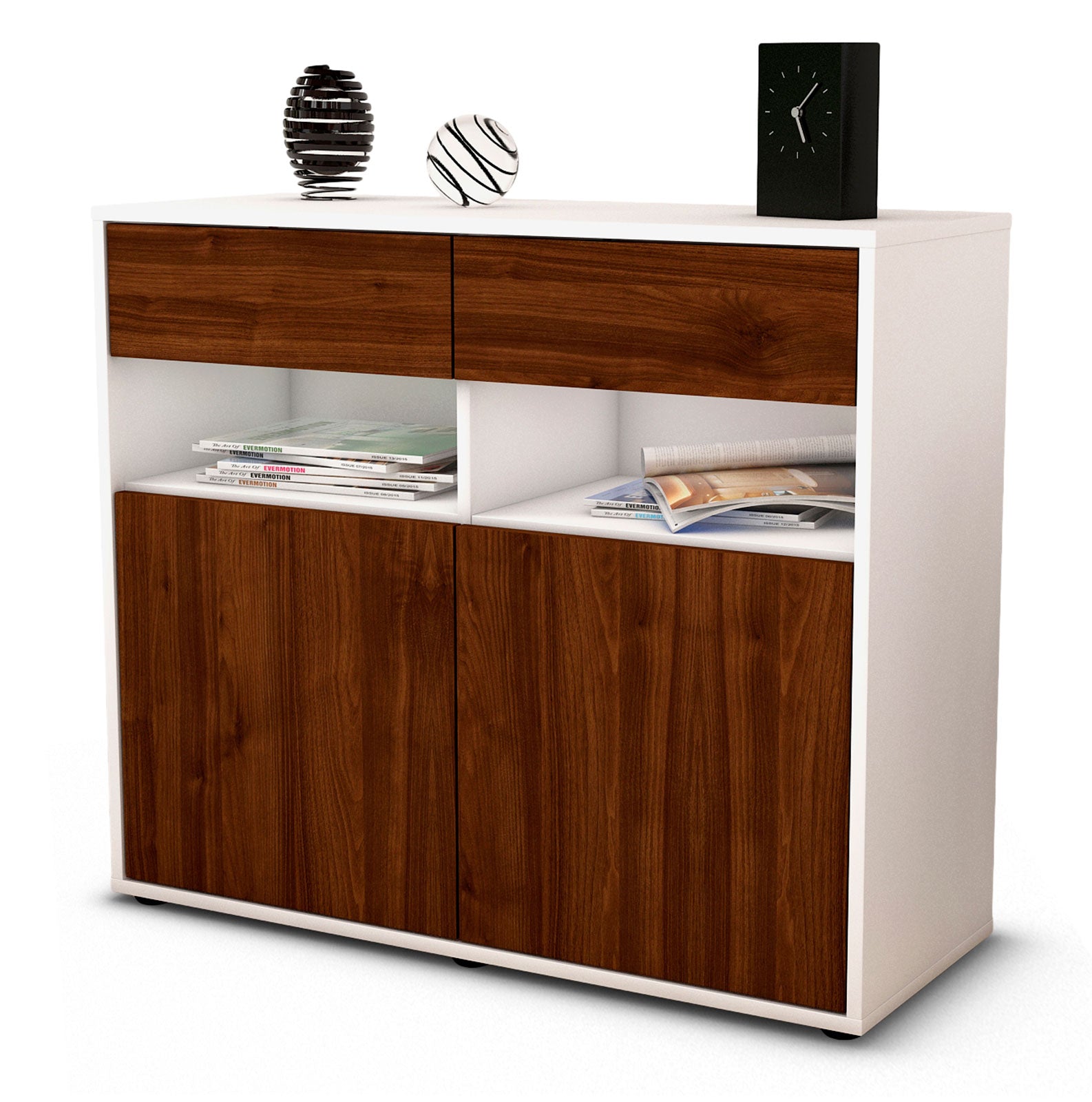 Sideboard - Bruna - Design Holzdekor - Freistehend mit Push to open  92 cm Weiss