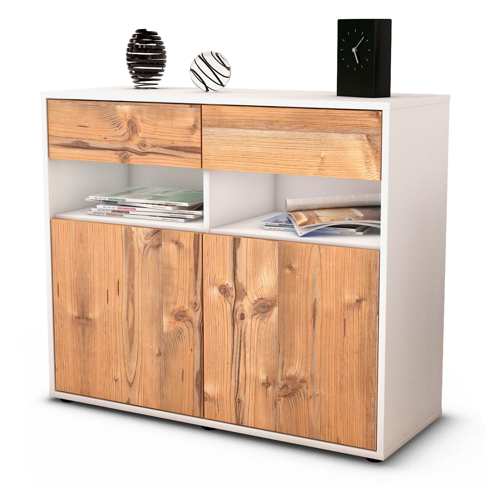 Sideboard - Bruna - Design Holzdekor - Freistehend mit Push to open  92 cm Weiss