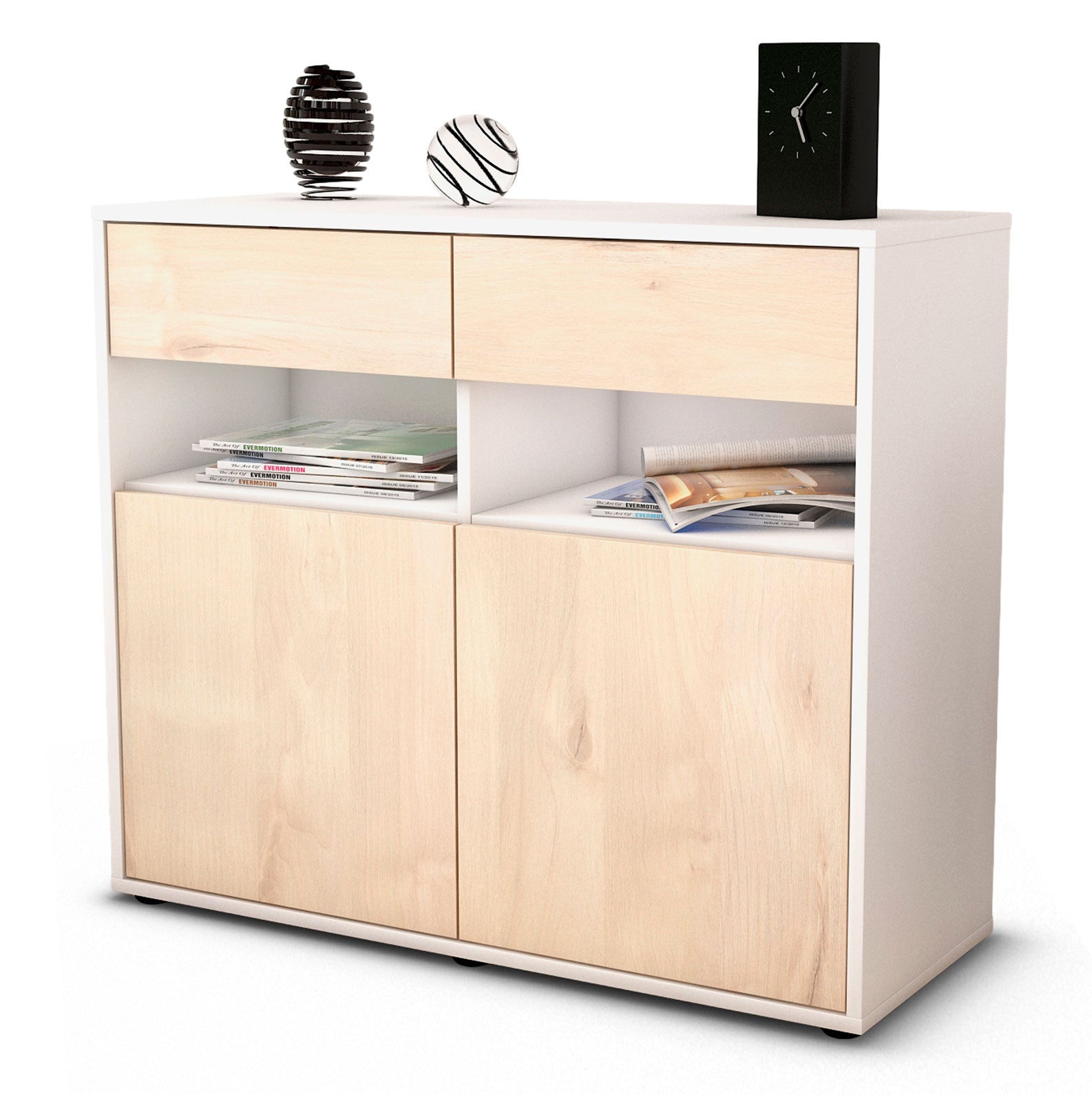 Sideboard - Bruna - Design Holzdekor - Freistehend mit Push to open  92 cm Weiss