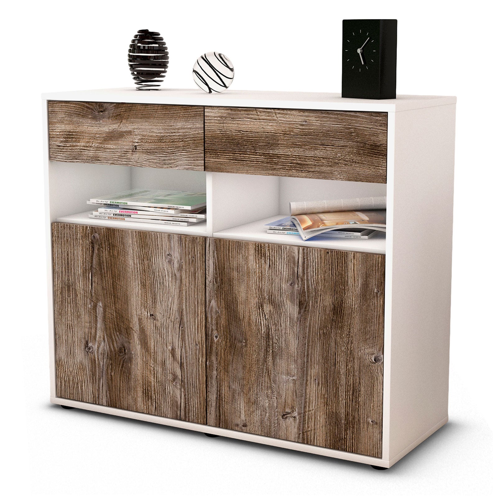 Sideboard - Bruna - Design Holzdekor - Freistehend mit Push to open  92 cm Weiss