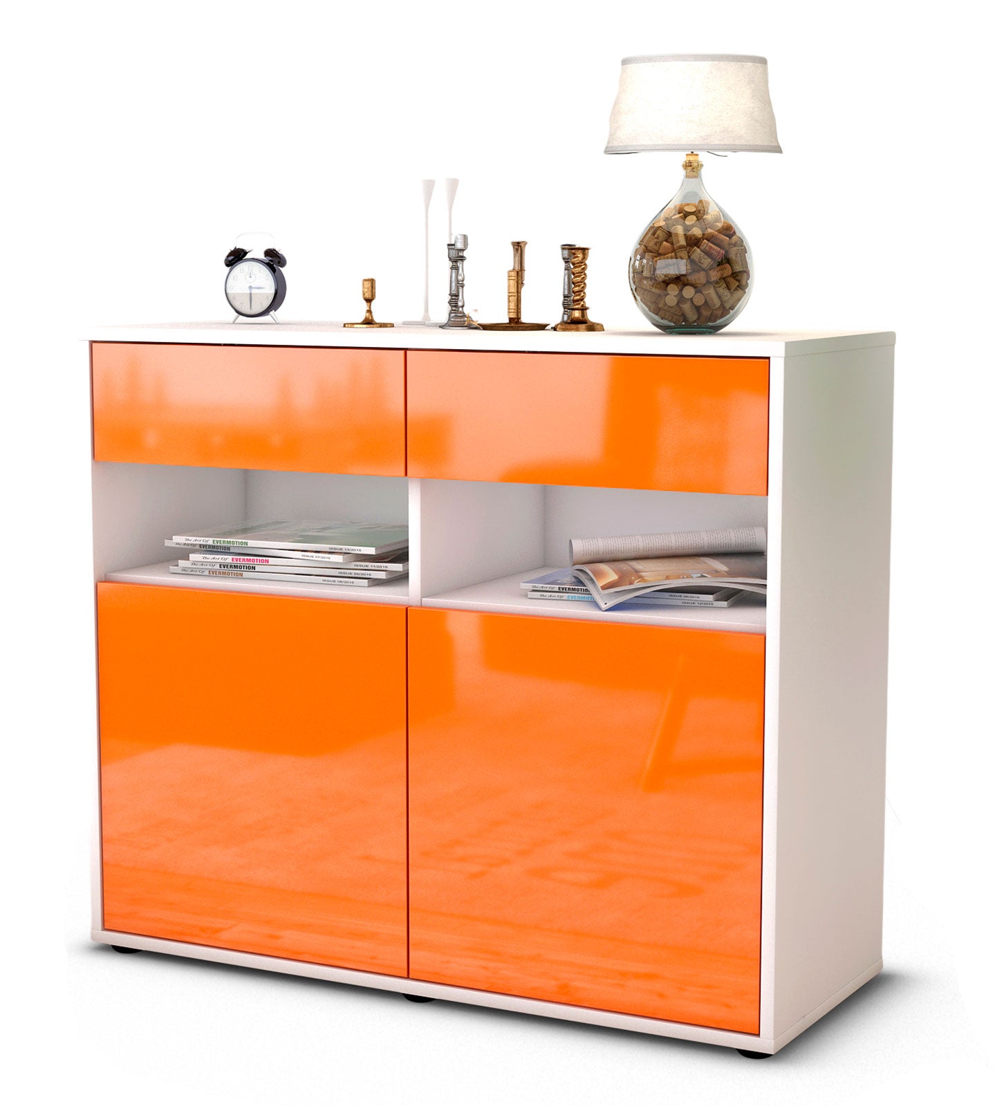 Sideboard - Bruna - Design Hochglanz - Freistehend mit Push to open  92 cm Weiss