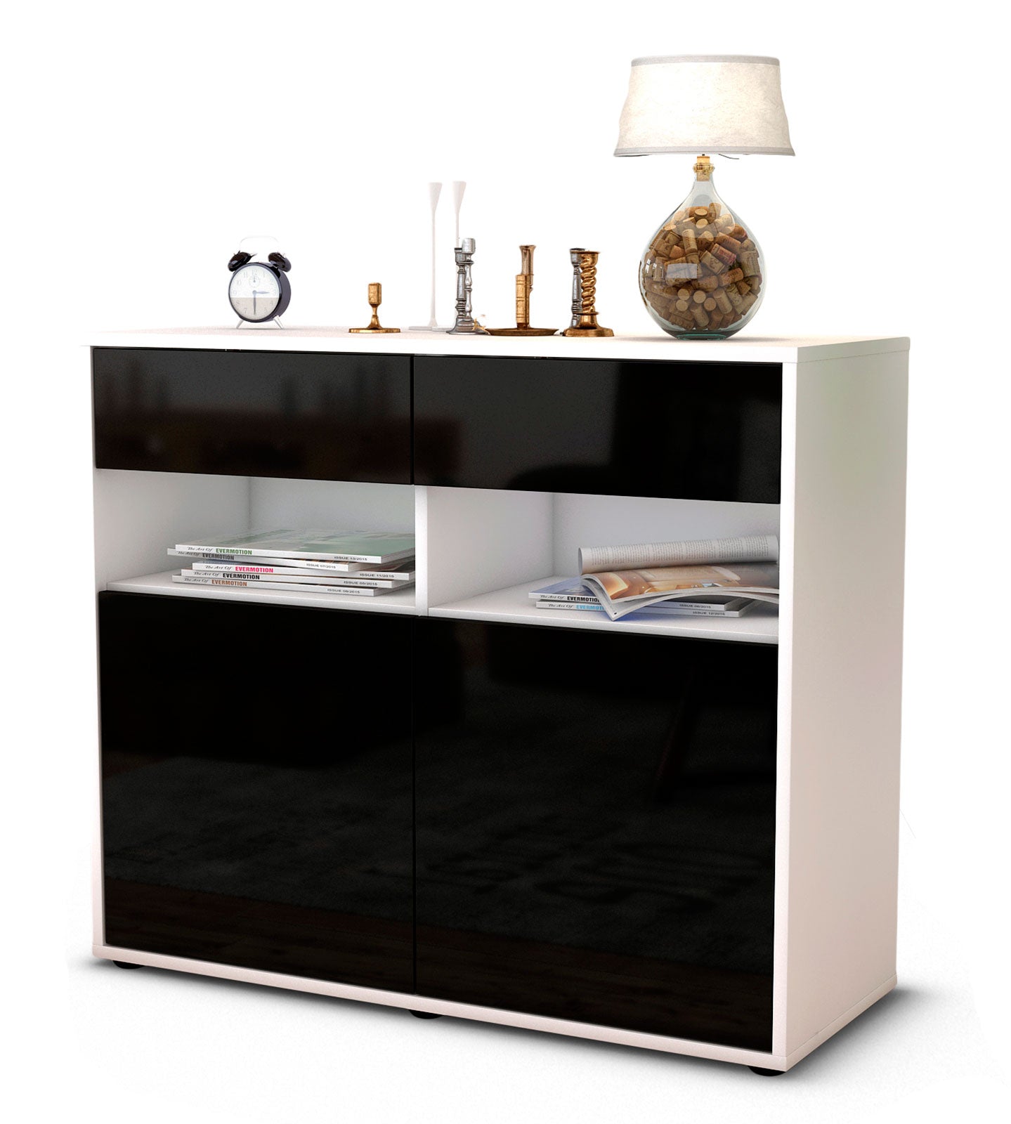 Sideboard - Bruna - Design Hochglanz - Freistehend mit Push to open  92 cm Weiss