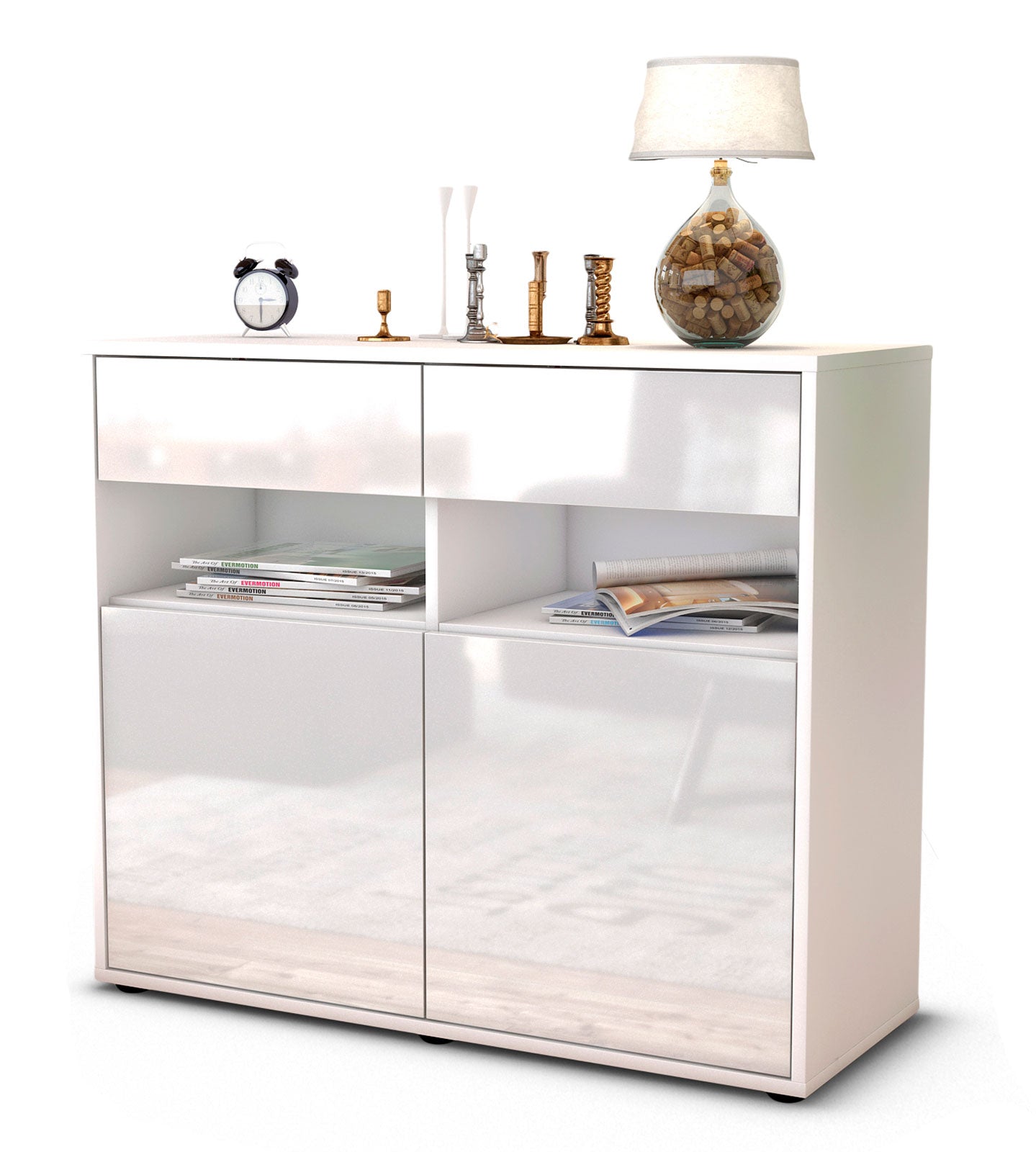 Sideboard - Bruna - Design Hochglanz - Freistehend mit Push to open  92 cm Weiss