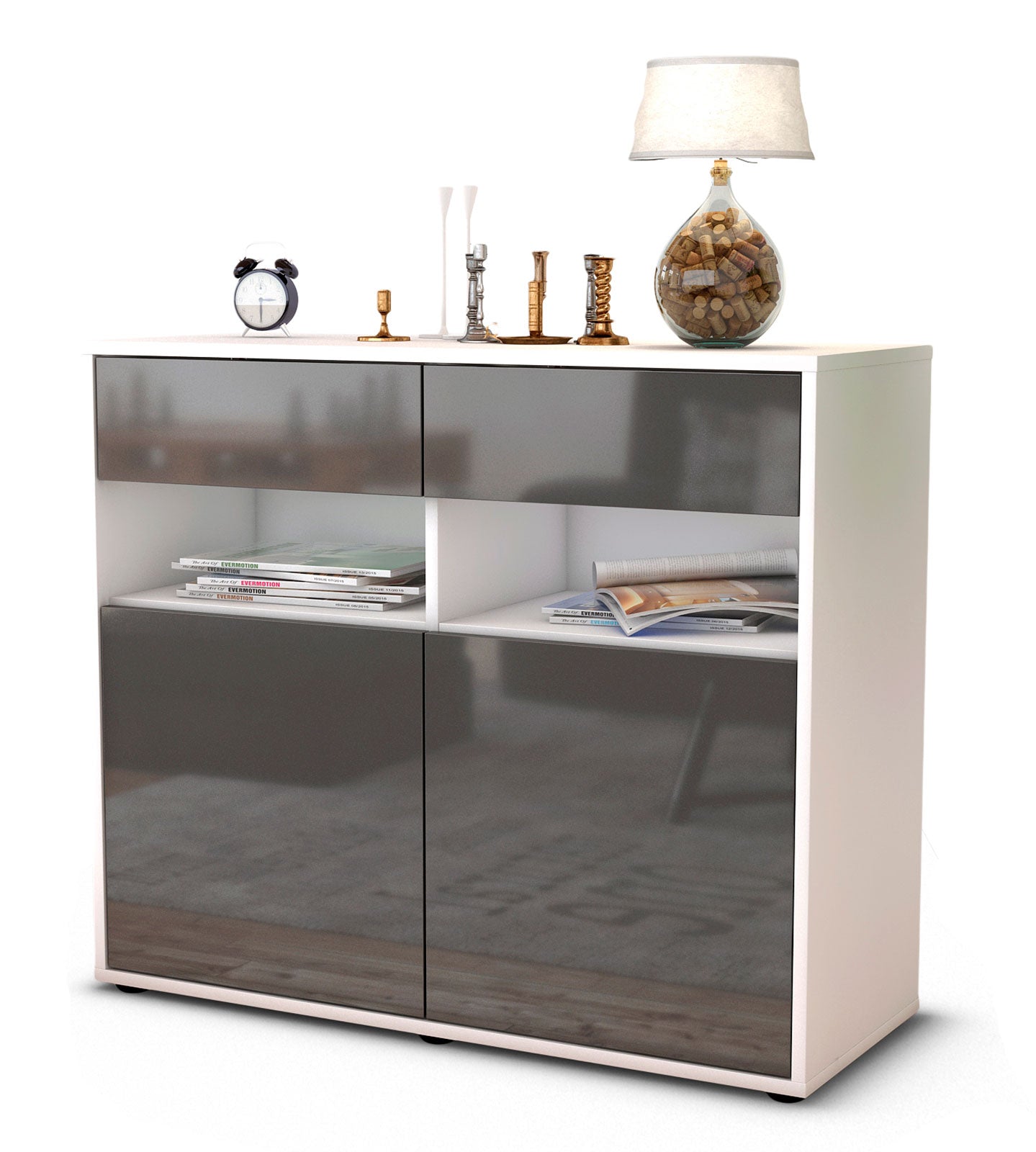 Sideboard - Bruna - Design Hochglanz - Freistehend mit Push to open  92 cm Weiss