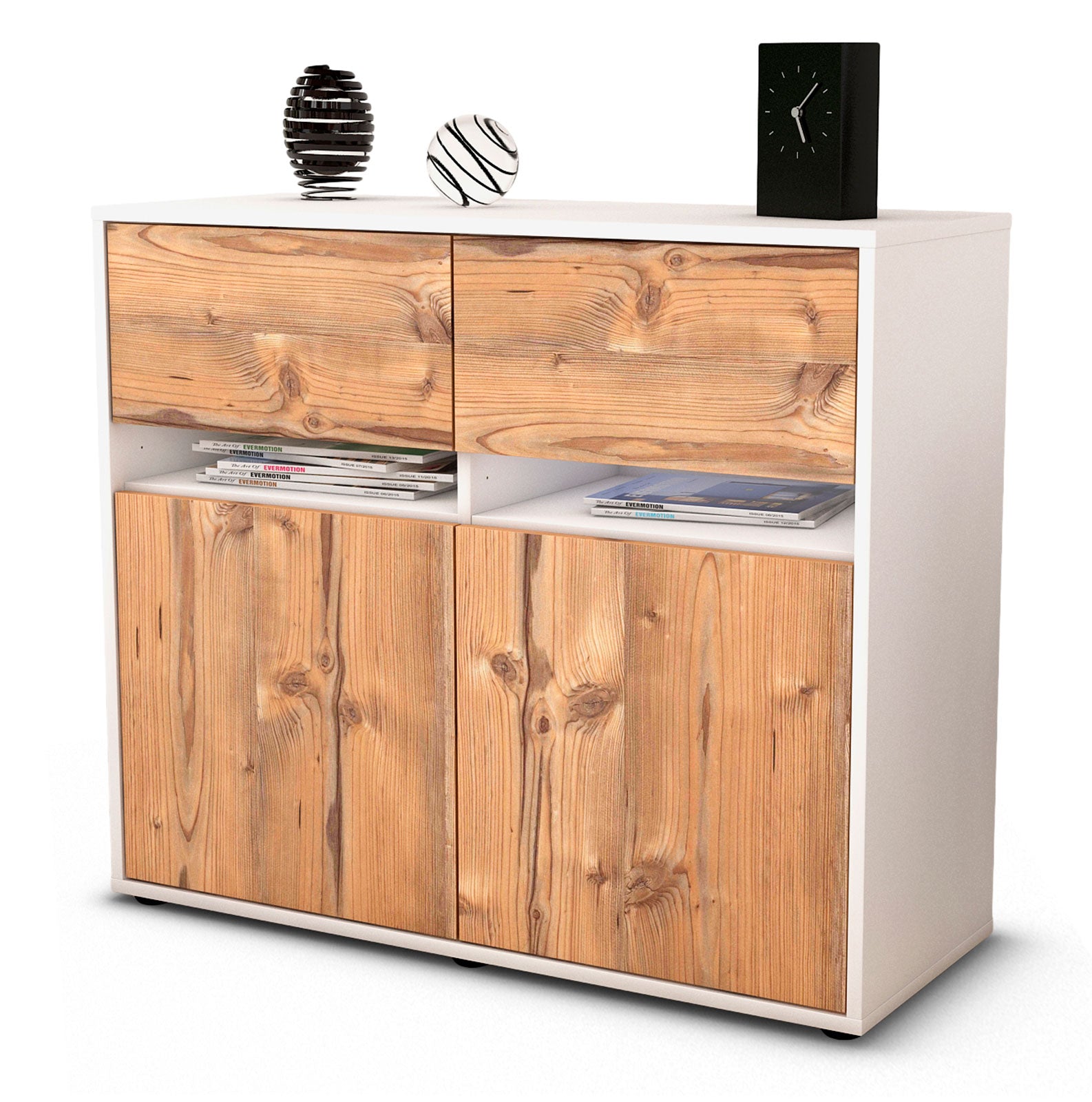 Sideboard - Brunilde - Design Holzdekor - Freistehend mit Push to open  92 cm Weiss