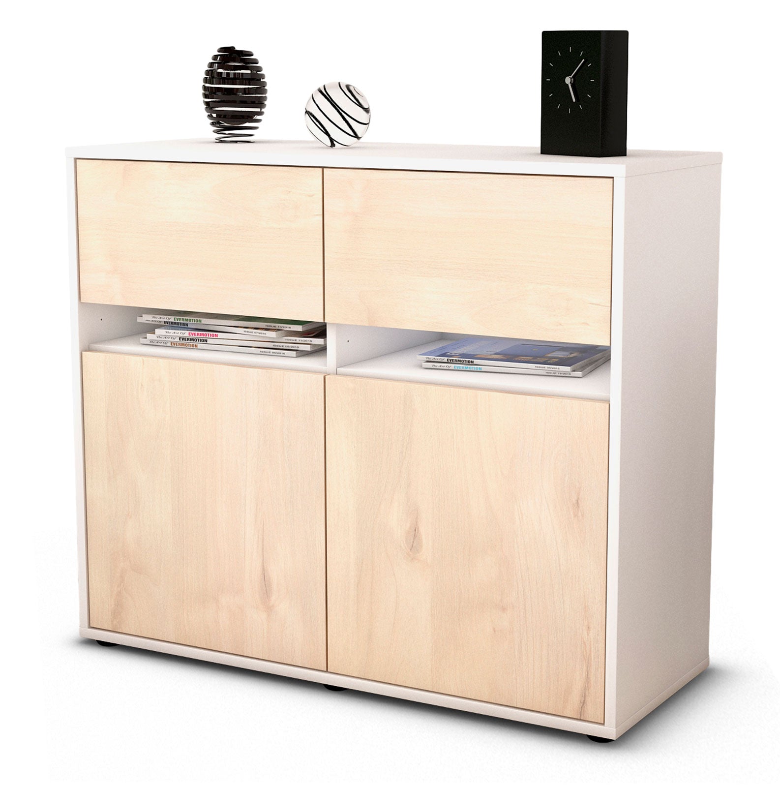 Sideboard - Brunilde - Design Holzdekor - Freistehend mit Push to open  92 cm Weiss