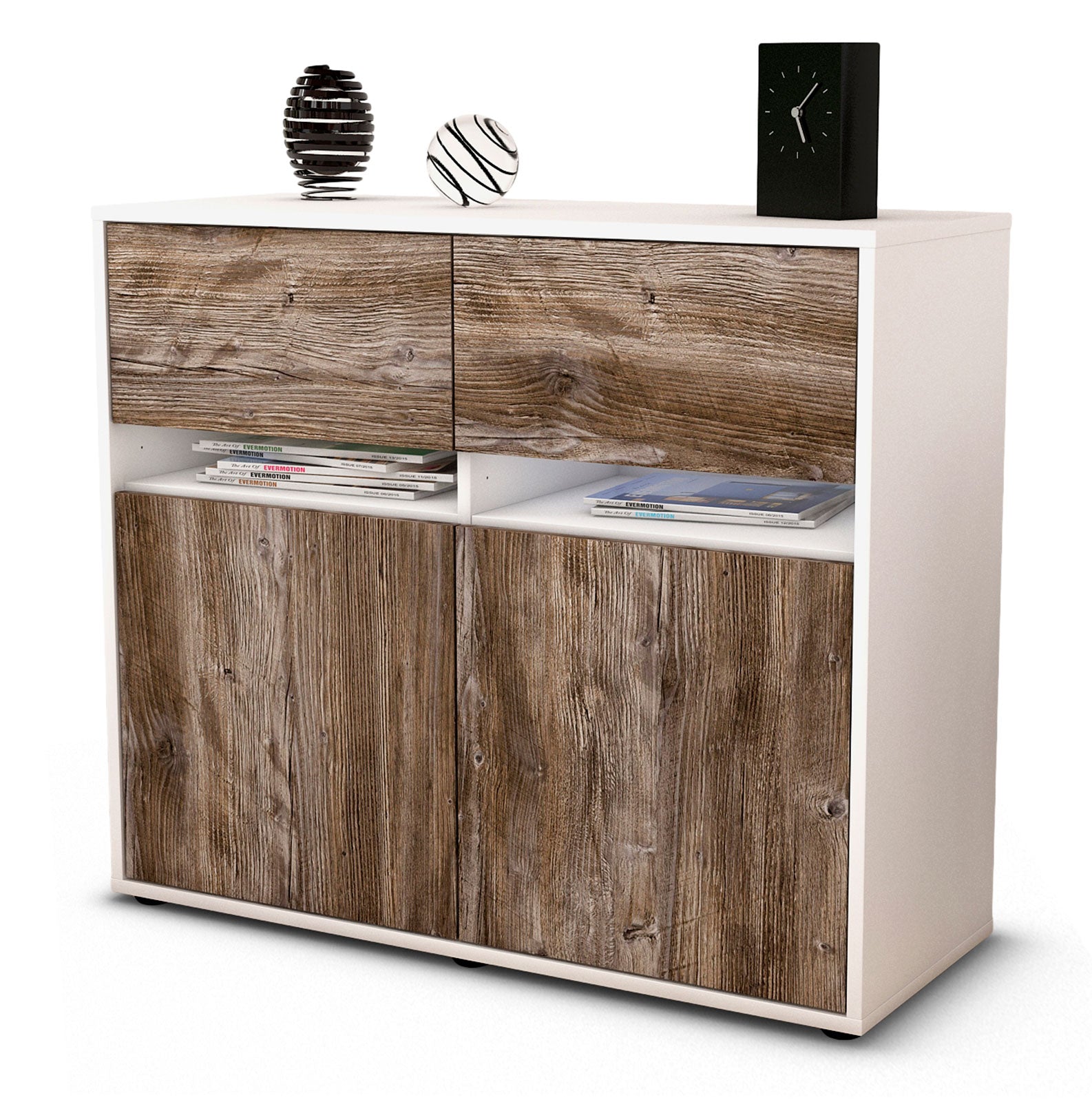 Sideboard - Brunilde - Design Holzdekor - Freistehend mit Push to open  92 cm Weiss