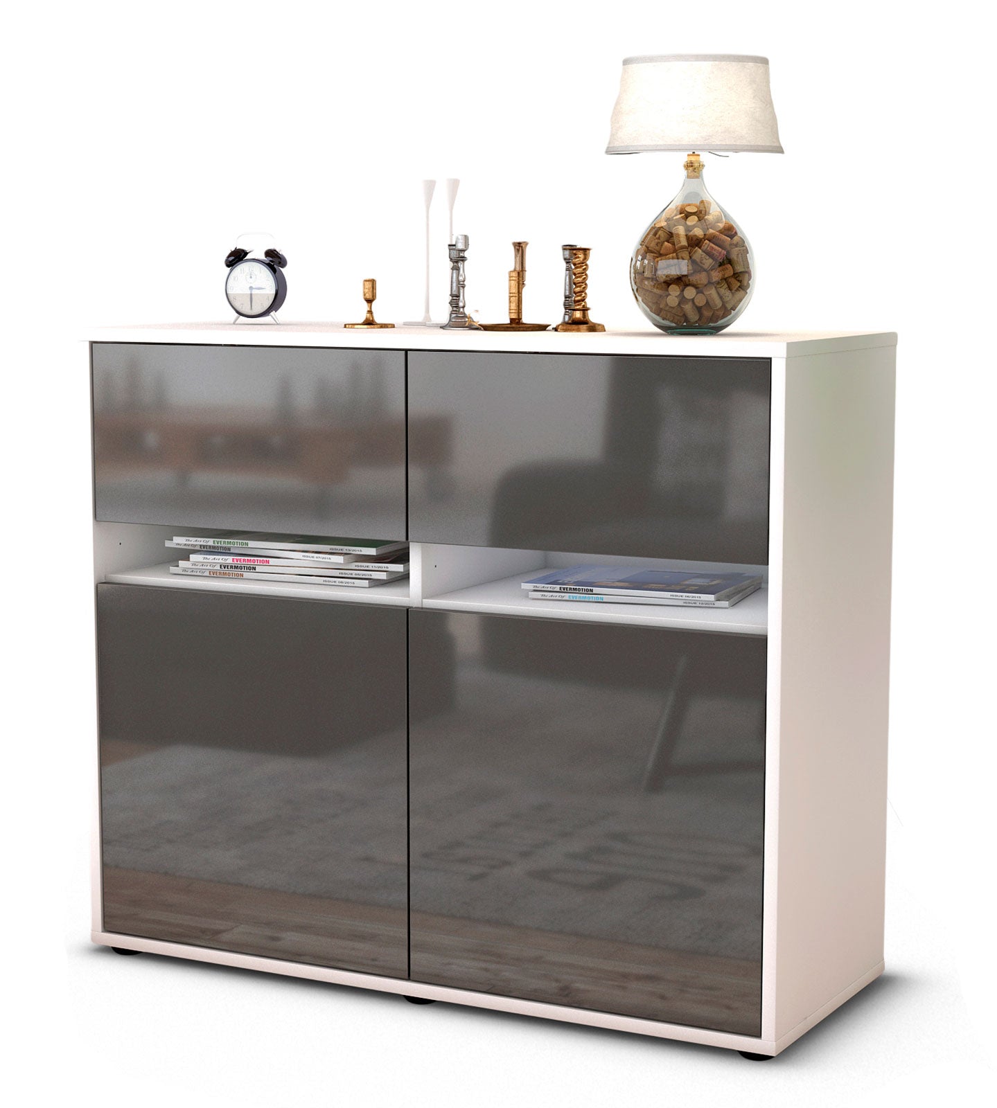 Sideboard - Brunilde - Design Hochglanz - Freistehend mit Push to open  92 cm Weiss