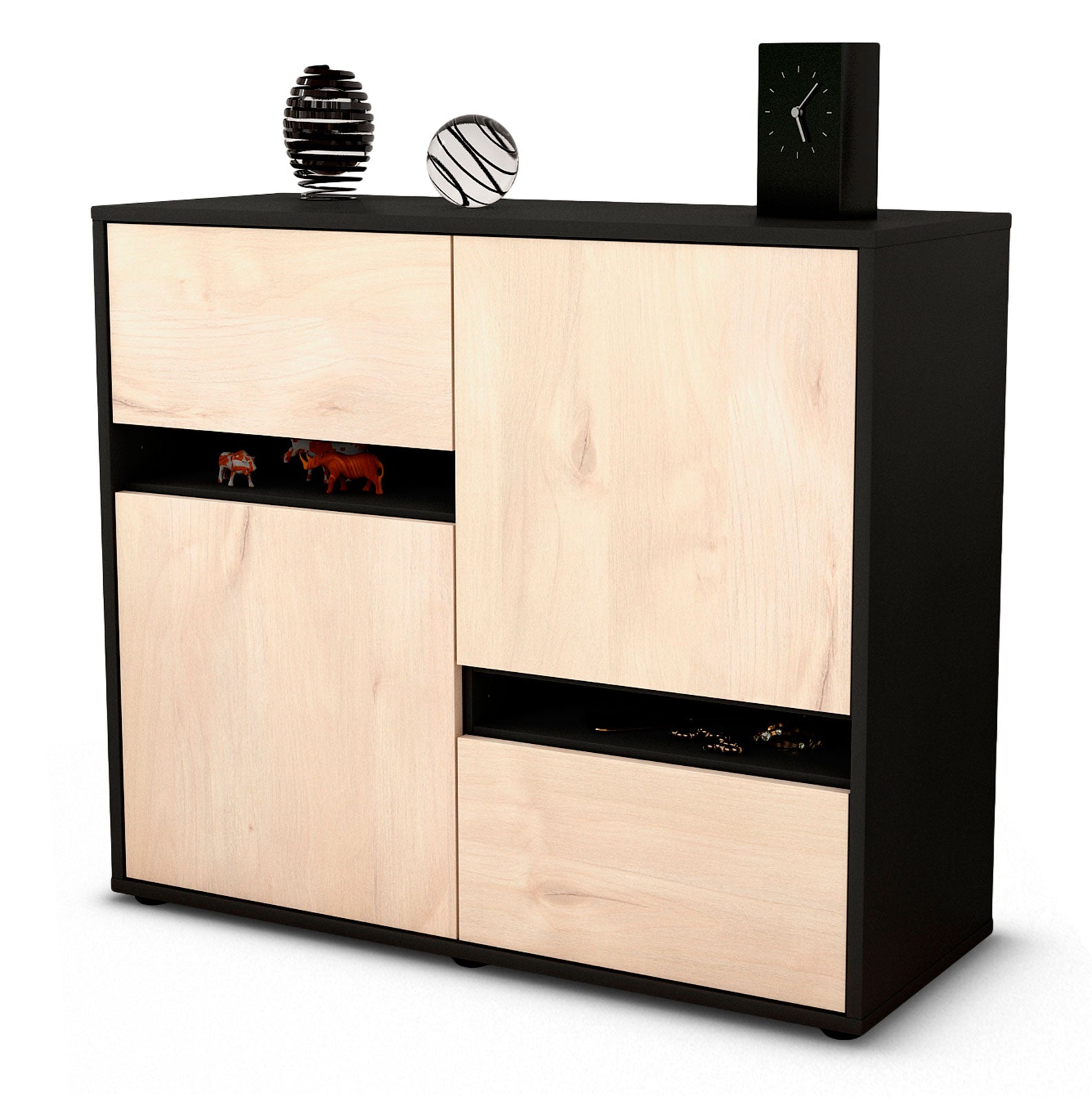 Sideboard - Carlotta - Design Holzdekor - Freistehend mit Push to open  92 cm Anthrazit