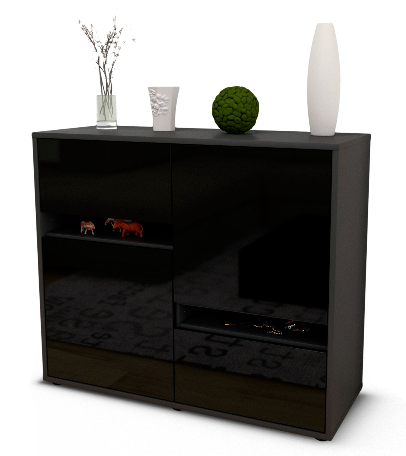 Sideboard - Carlotta - Design Hochglanz - Freistehend mit Push to open  92 cm Anthrazit