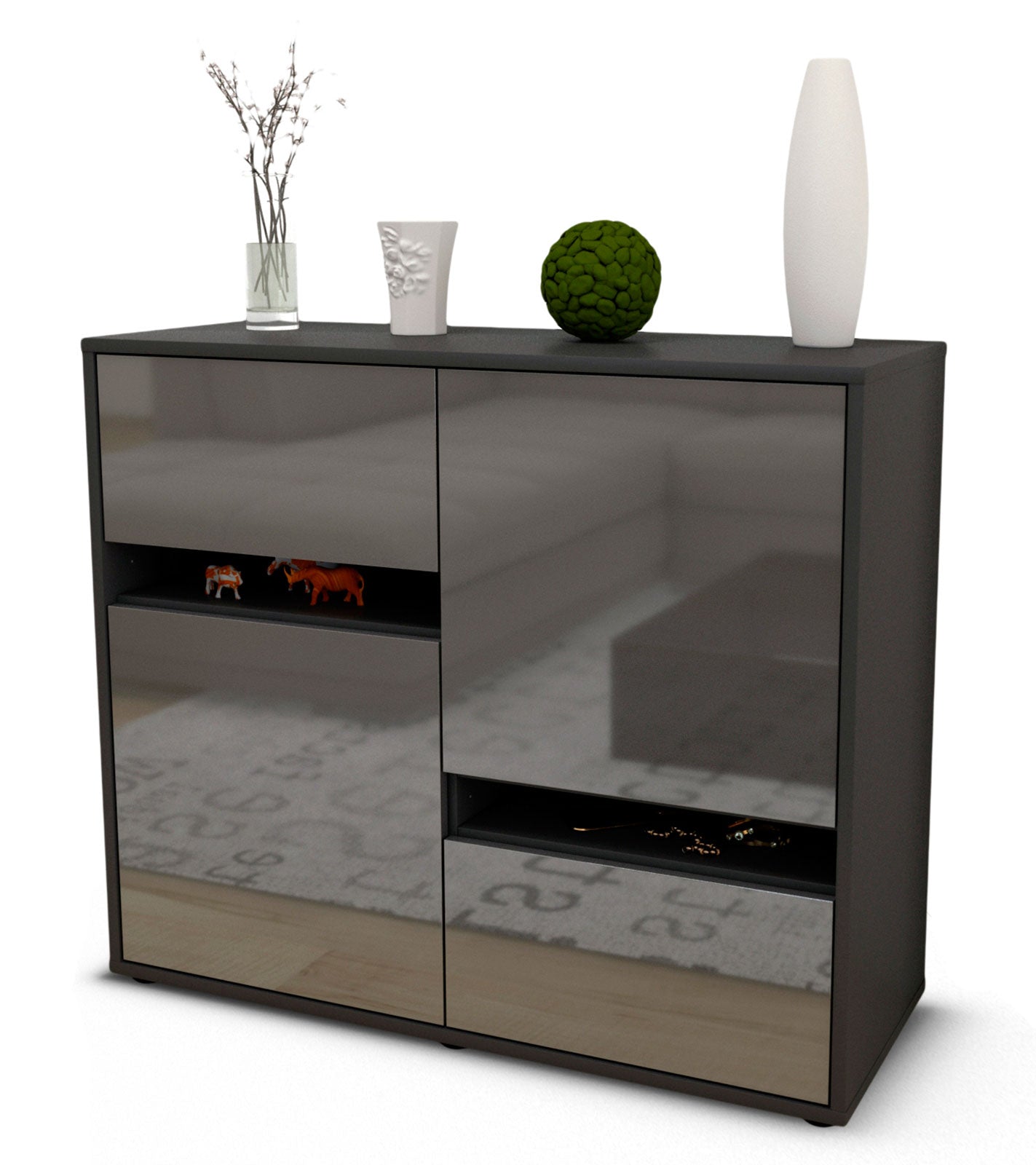 Sideboard - Carlotta - Design Hochglanz - Freistehend mit Push to open  92 cm Anthrazit