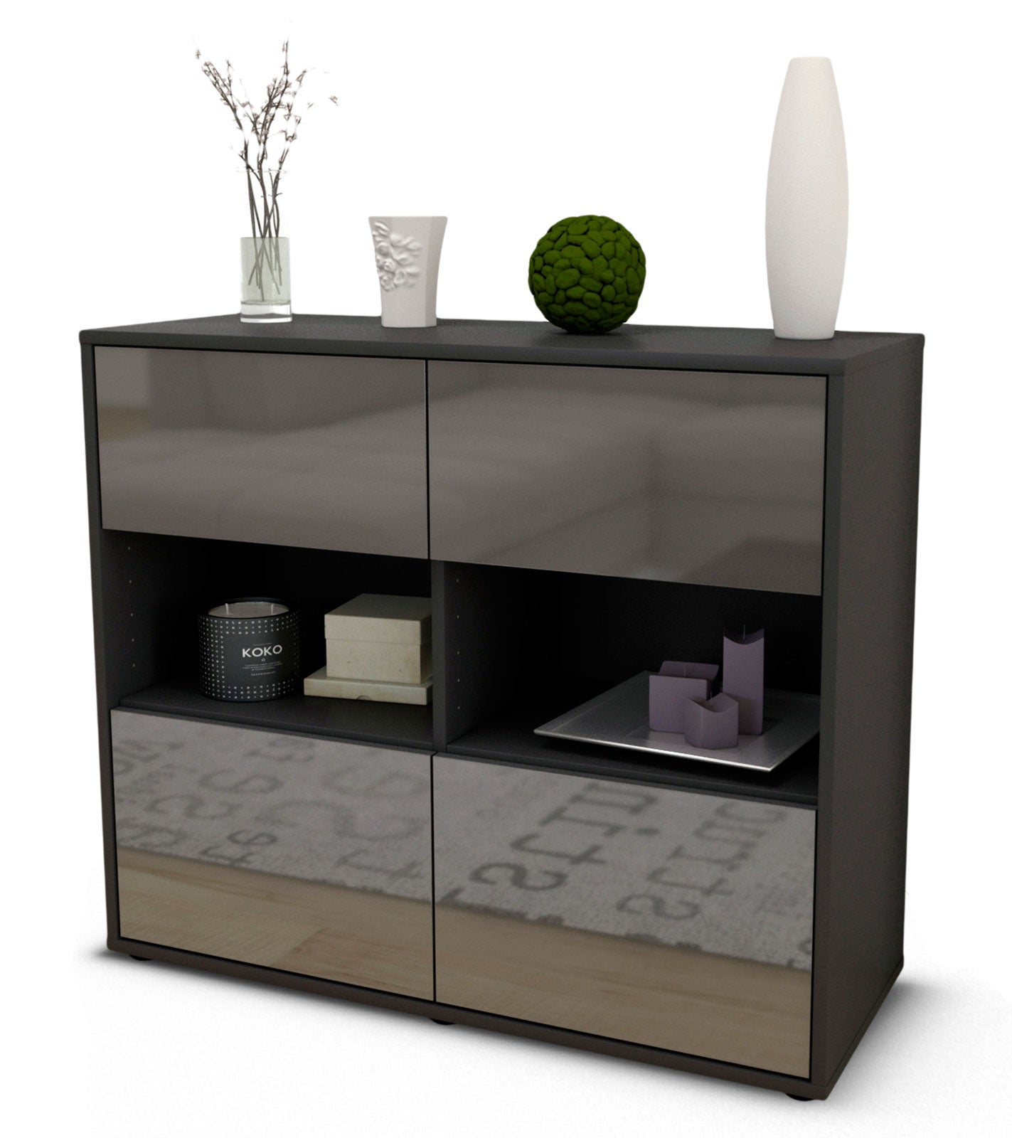 Sideboard - Carmen - Design Hochglanz - Freistehend mit Push to open  92 cm Anthrazit