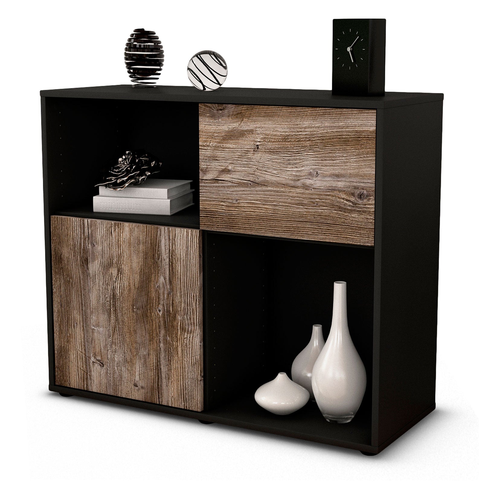 Sideboard - Carola - Design Holzdekor - Freistehend mit Push to open  92 cm Anthrazit