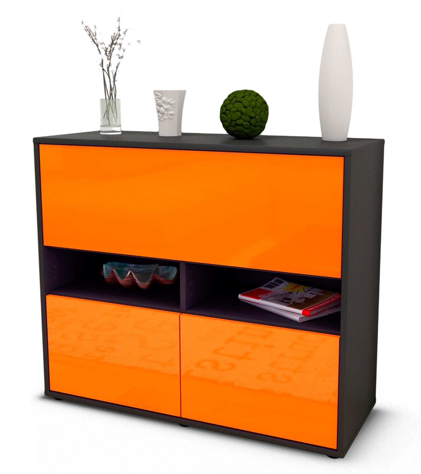 Sideboard - Cassandra - Design Hochglanz - Freistehend mit Push to open  92 cm Anthrazit