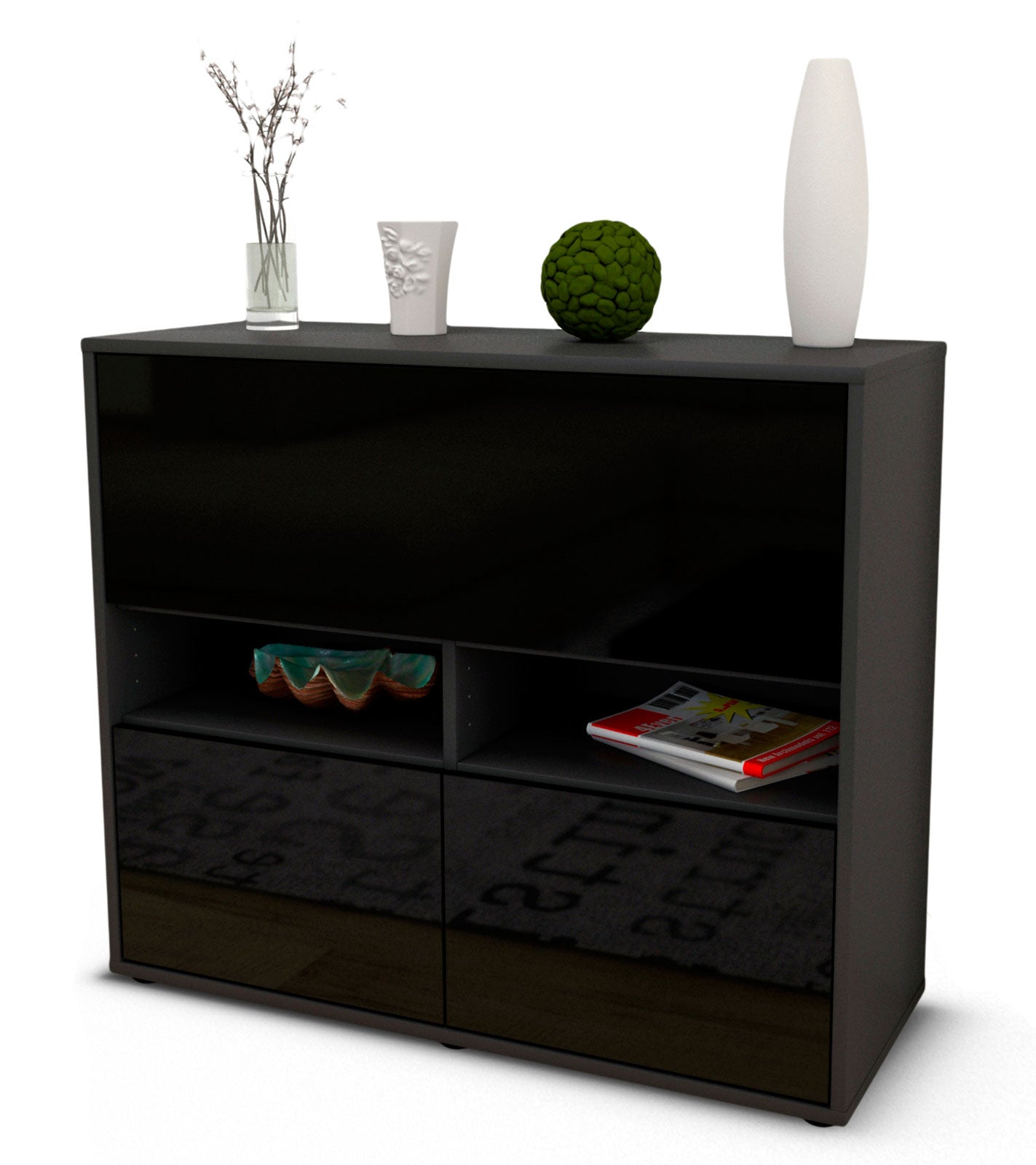 Sideboard - Cassandra - Design Hochglanz - Freistehend mit Push to open  92 cm Anthrazit