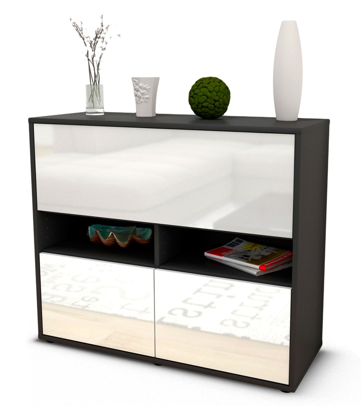 Sideboard - Cassandra - Design Hochglanz - Freistehend mit Push to open  92 cm Anthrazit