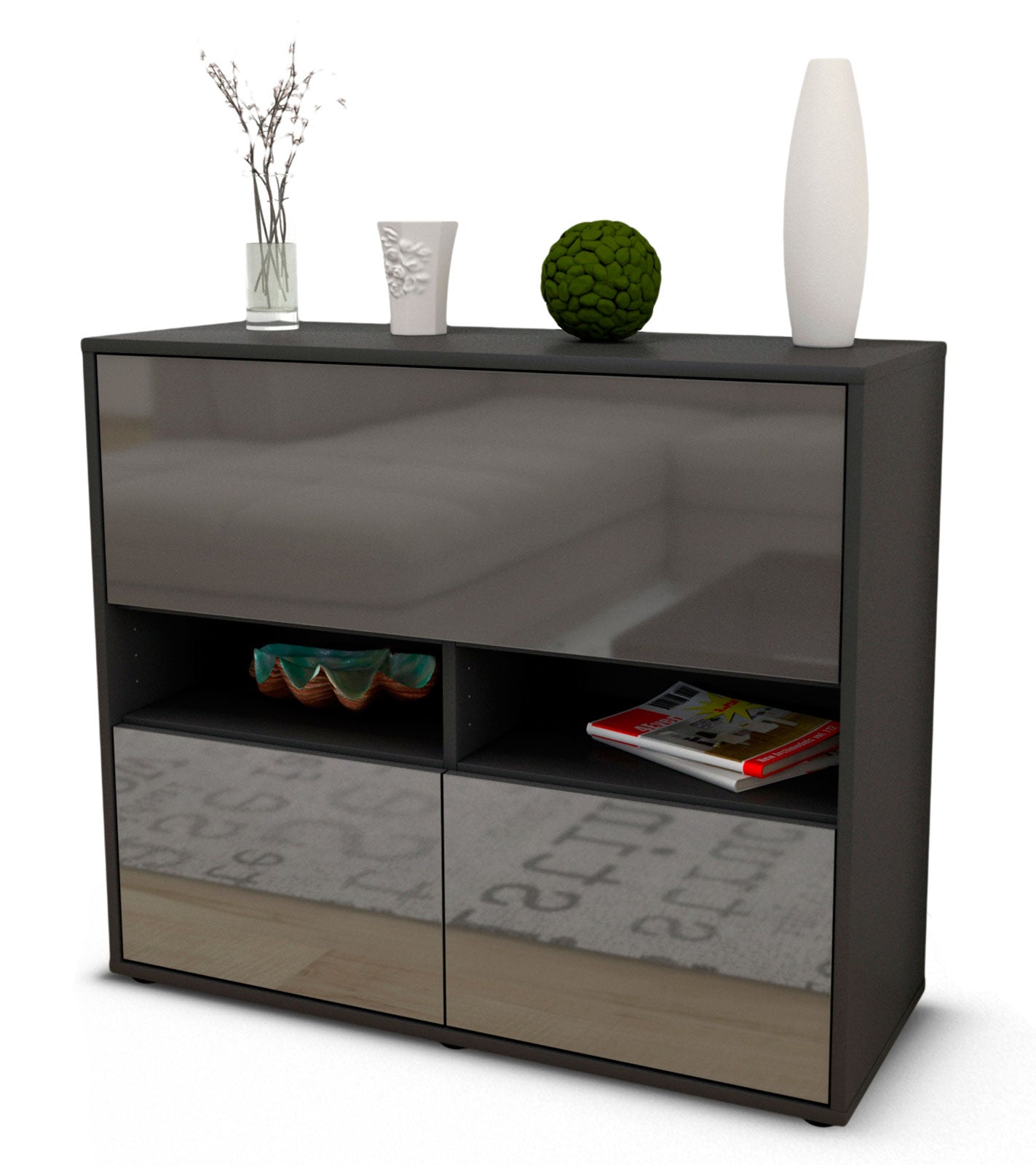 Sideboard - Cassandra - Design Hochglanz - Freistehend mit Push to open  92 cm Anthrazit