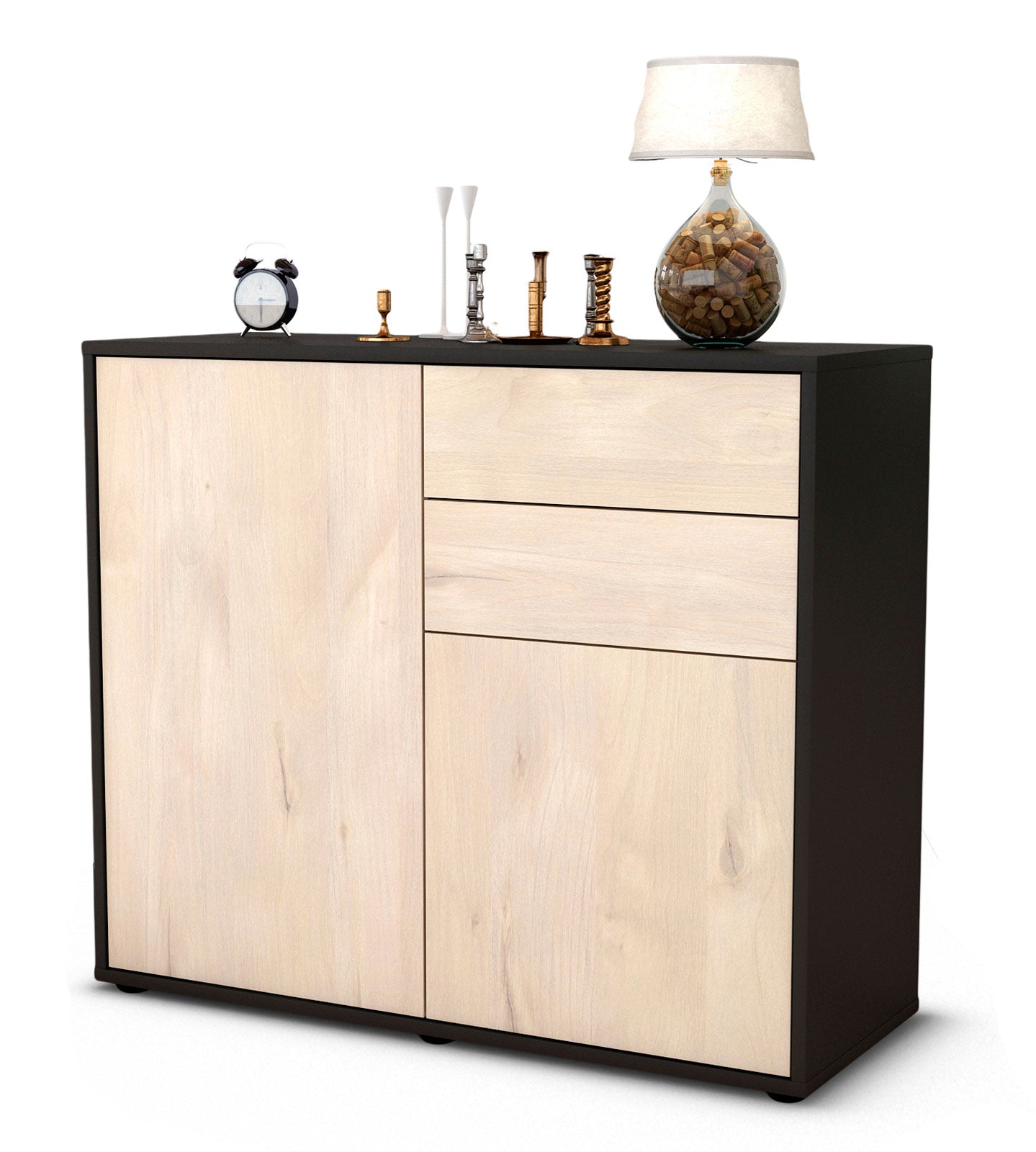 Sideboard - Chantal - Design Holzdekor - Freistehend mit Push to open  92 cm Anthrazit