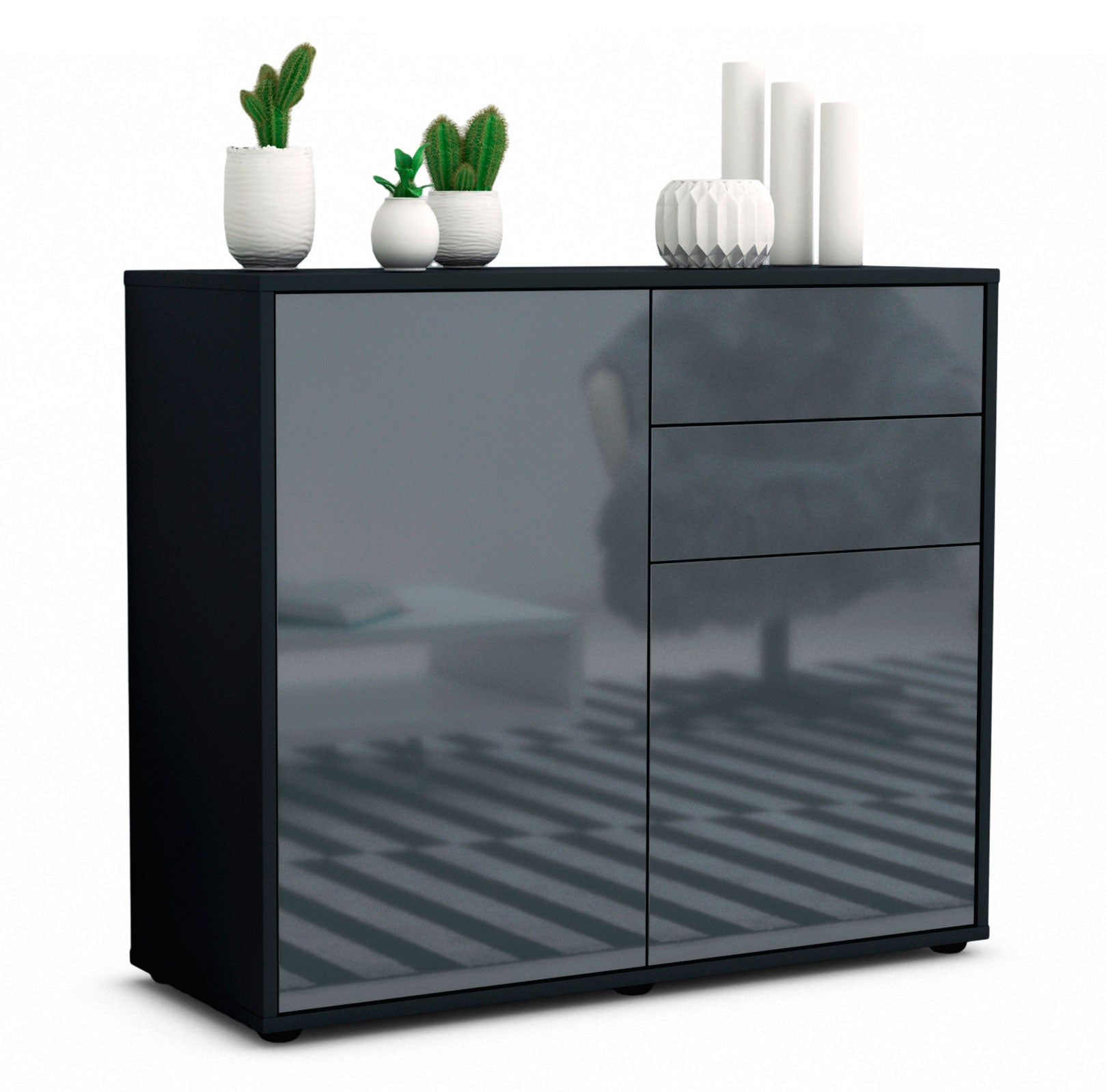 Sideboard - Chantal - Design Hochglanz - Freistehend mit Push to open  92 cm Anthrazit