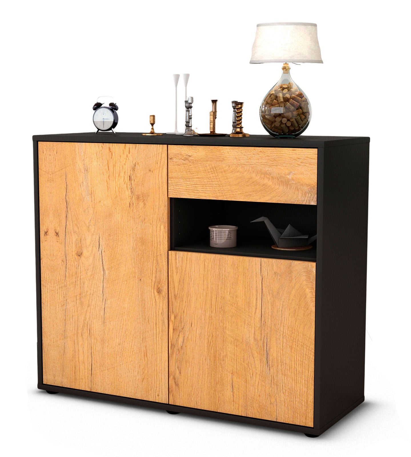 Sideboard - Charlotta - Design Holzdekor - Freistehend mit Push to open  92 cm Anthrazit