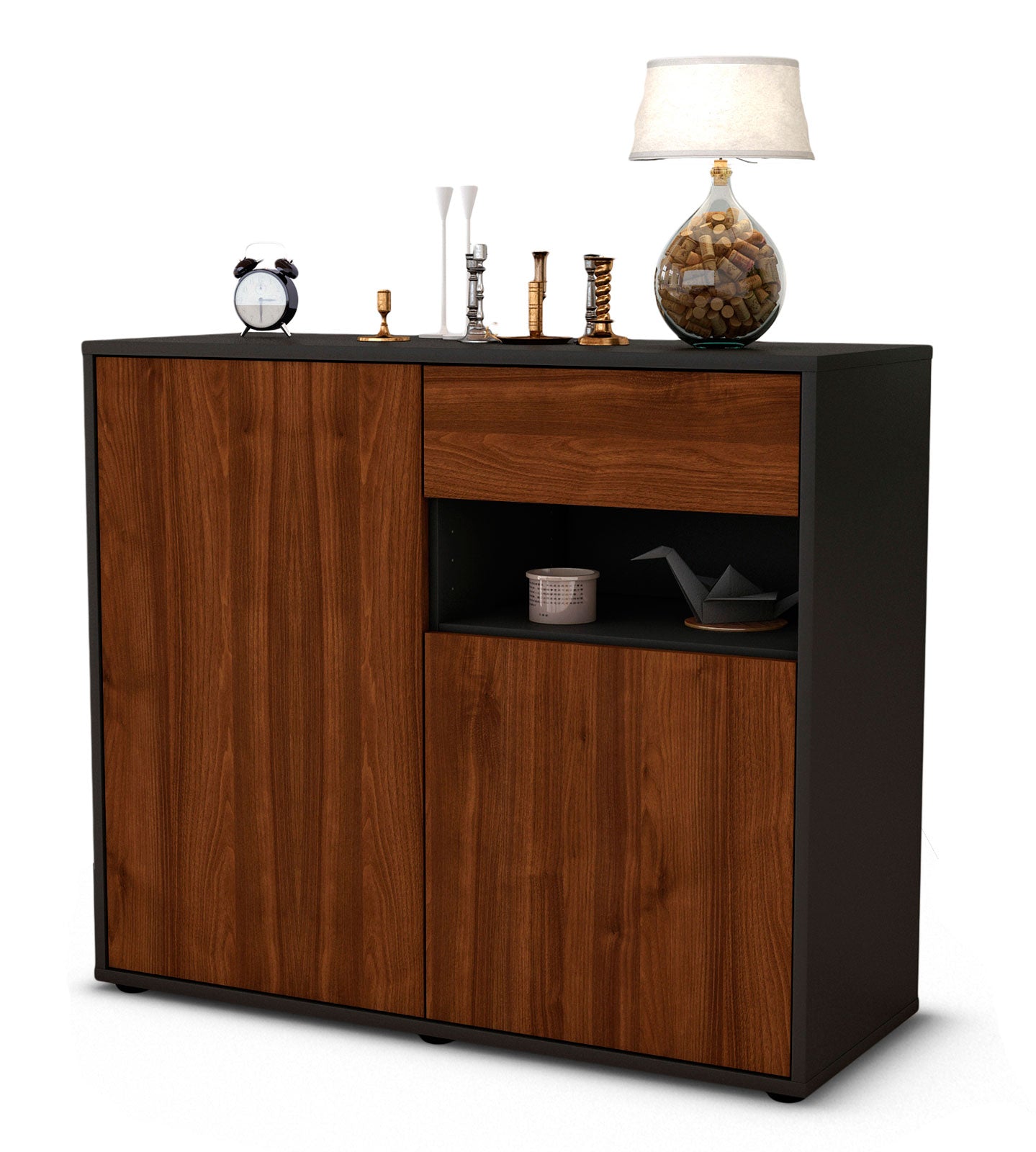 Sideboard - Charlotta - Design Holzdekor - Freistehend mit Push to open  92 cm Anthrazit