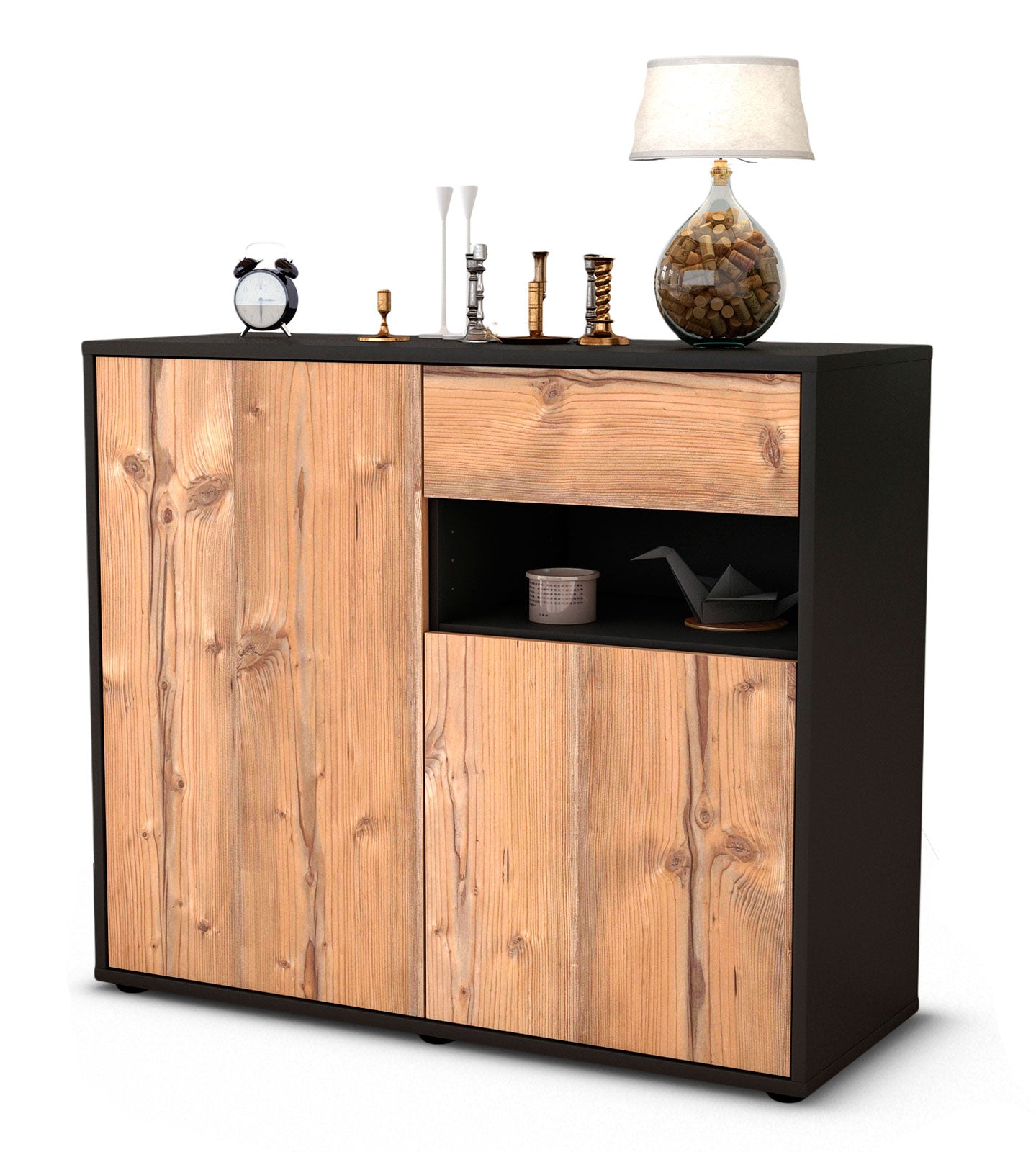 Sideboard - Charlotta - Design Holzdekor - Freistehend mit Push to open  92 cm Anthrazit