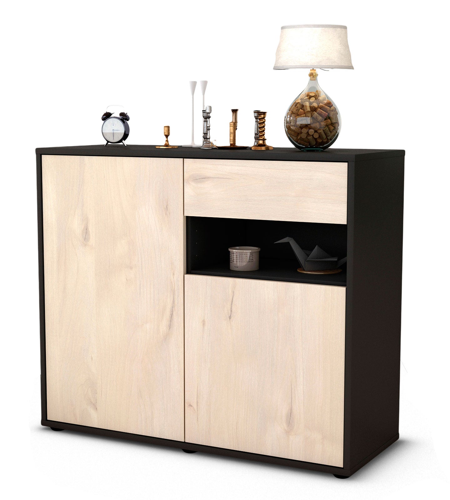 Sideboard - Charlotta - Design Holzdekor - Freistehend mit Push to open  92 cm Anthrazit