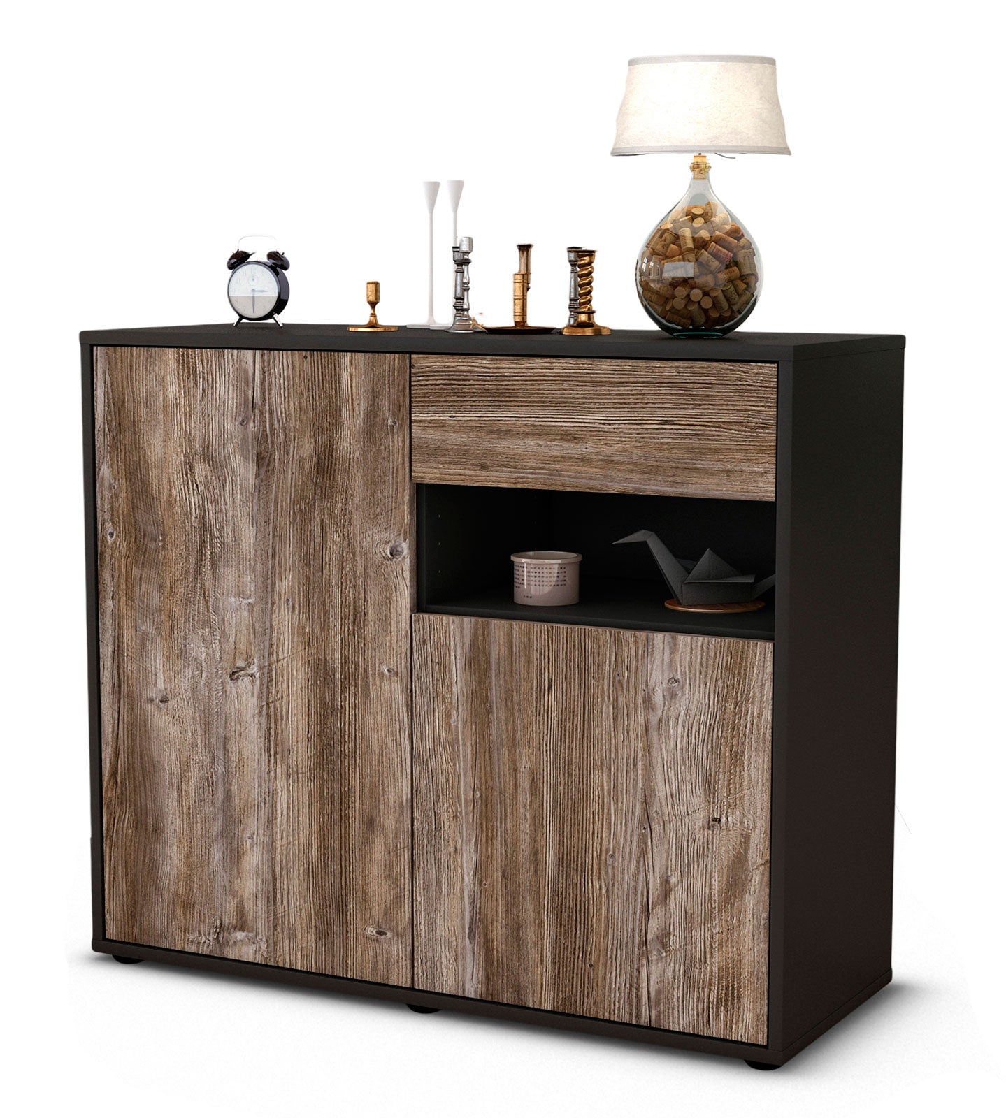 Sideboard - Charlotta - Design Holzdekor - Freistehend mit Push to open  92 cm Anthrazit