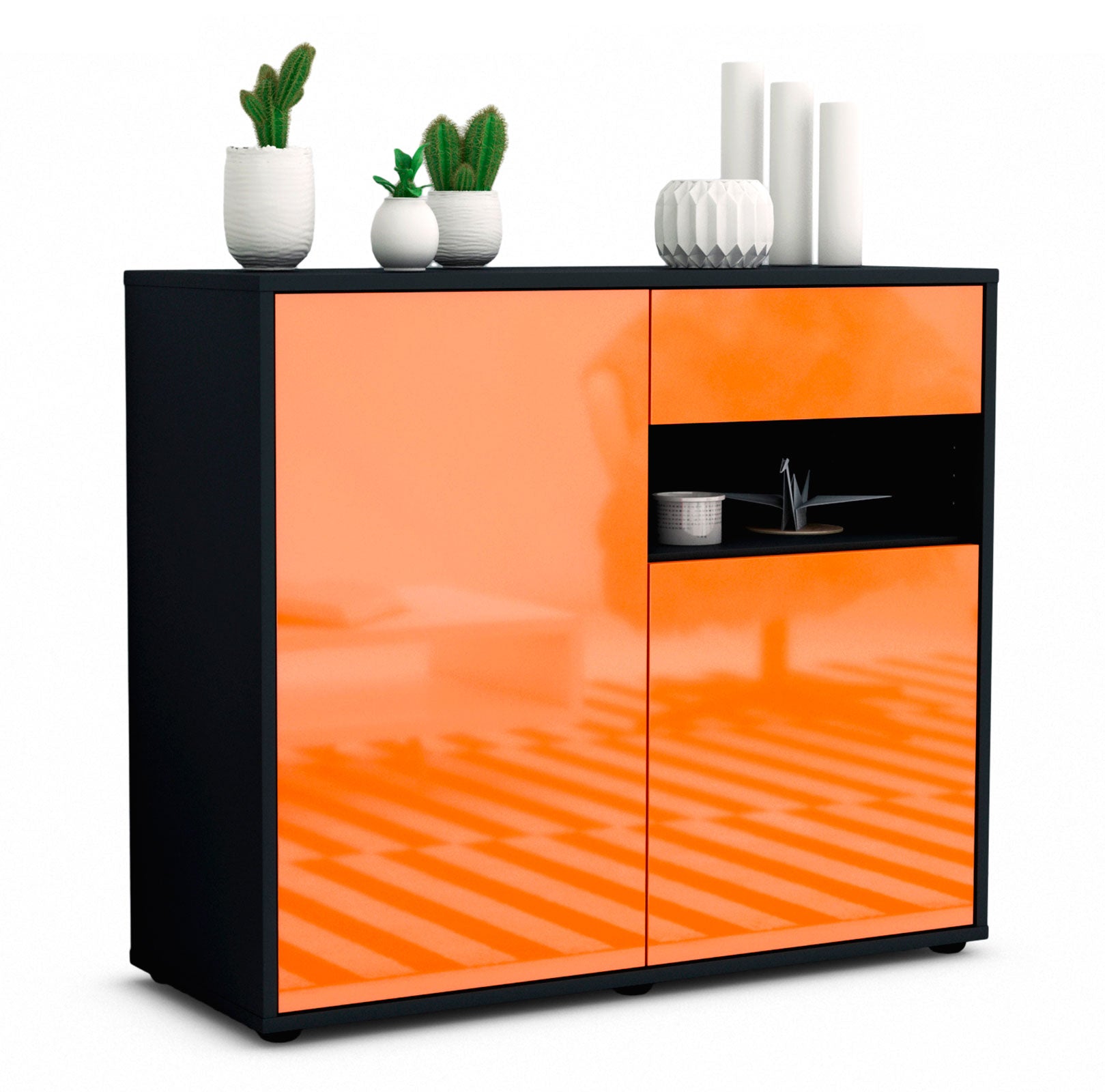 Sideboard - Charlotta - Design Hochglanz - Freistehend mit Push to open  92 cm Anthrazit