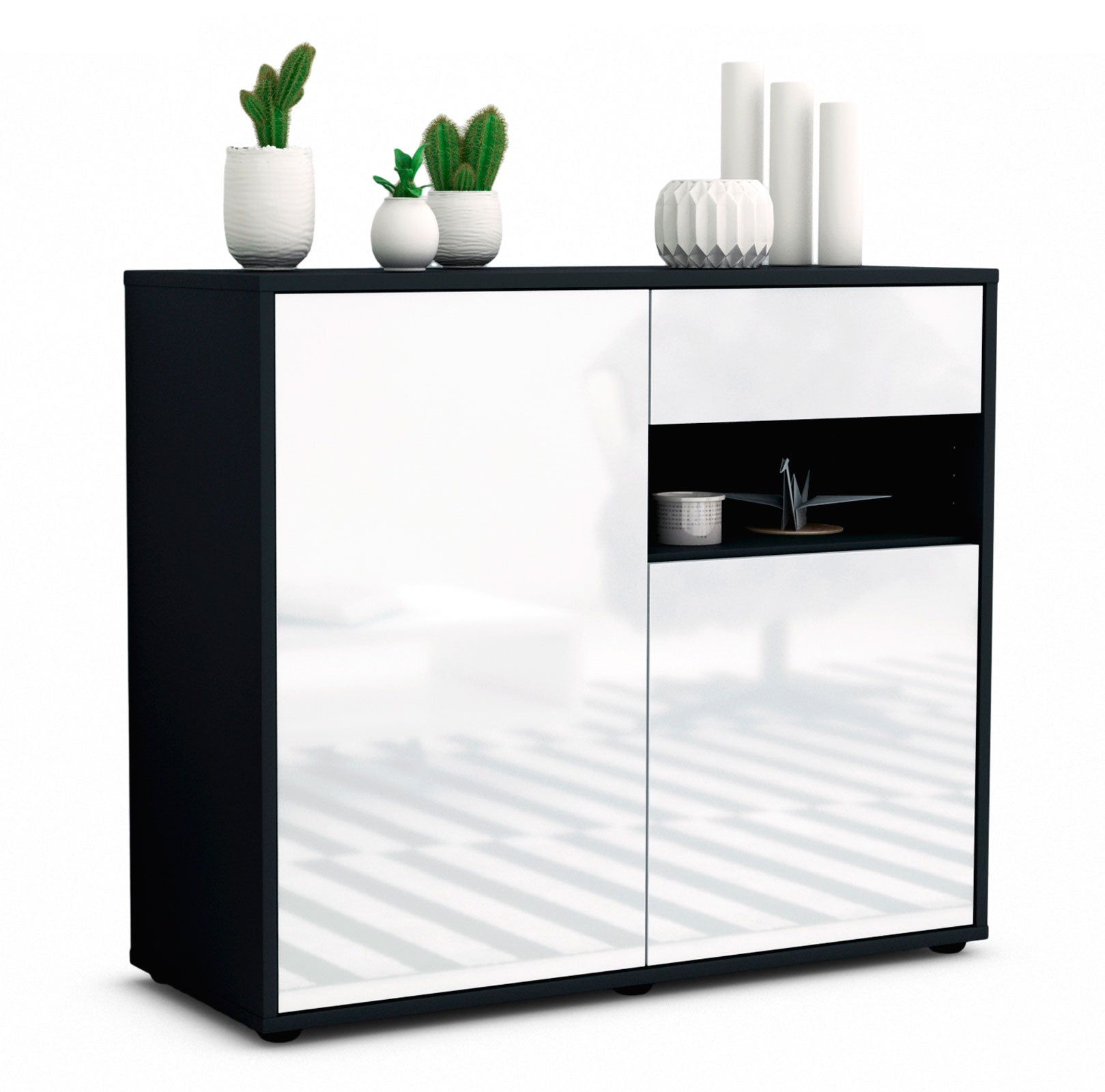 Sideboard - Charlotta - Design Hochglanz - Freistehend mit Push to open  92 cm Anthrazit