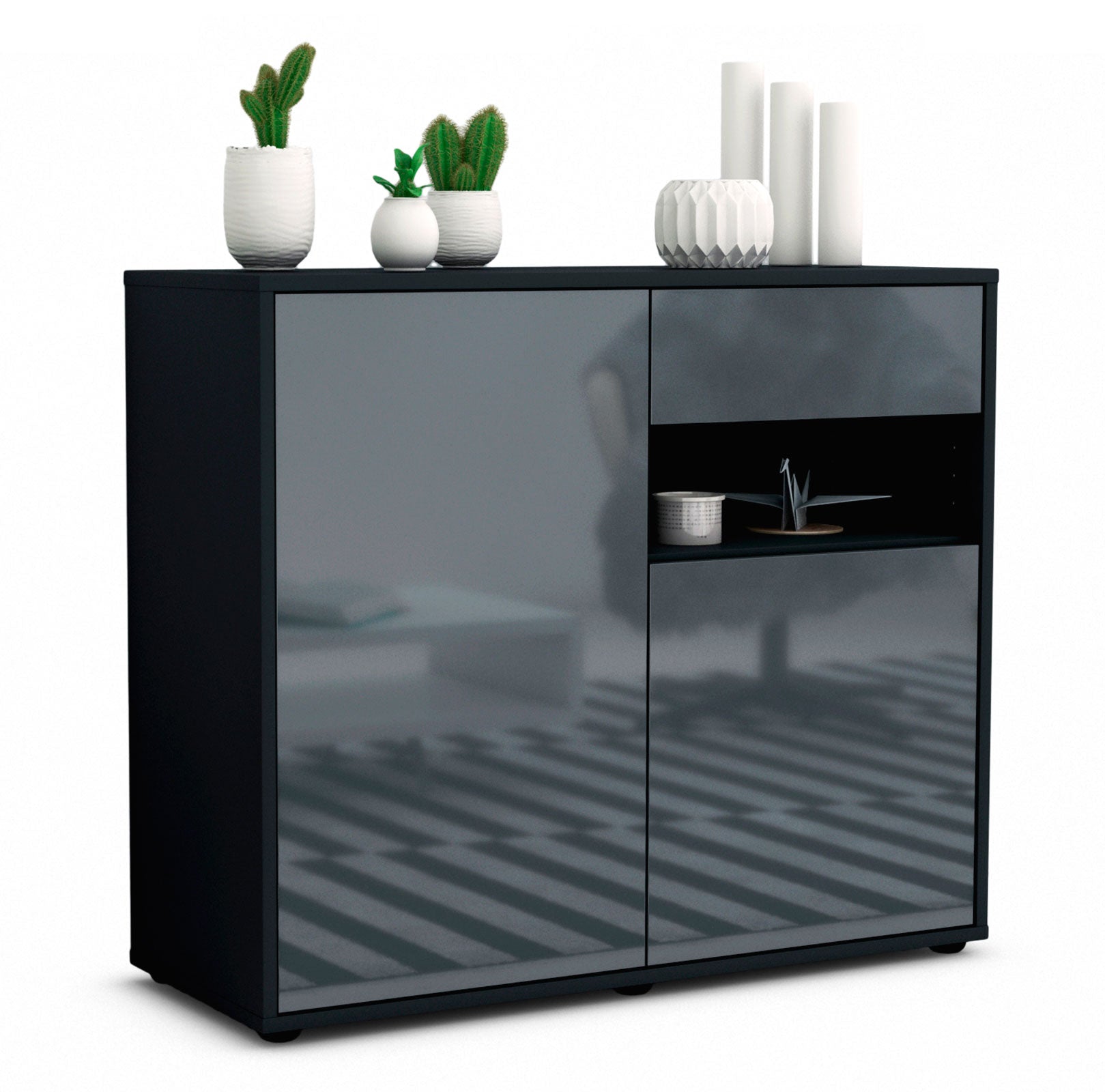 Sideboard - Charlotta - Design Hochglanz - Freistehend mit Push to open  92 cm Anthrazit