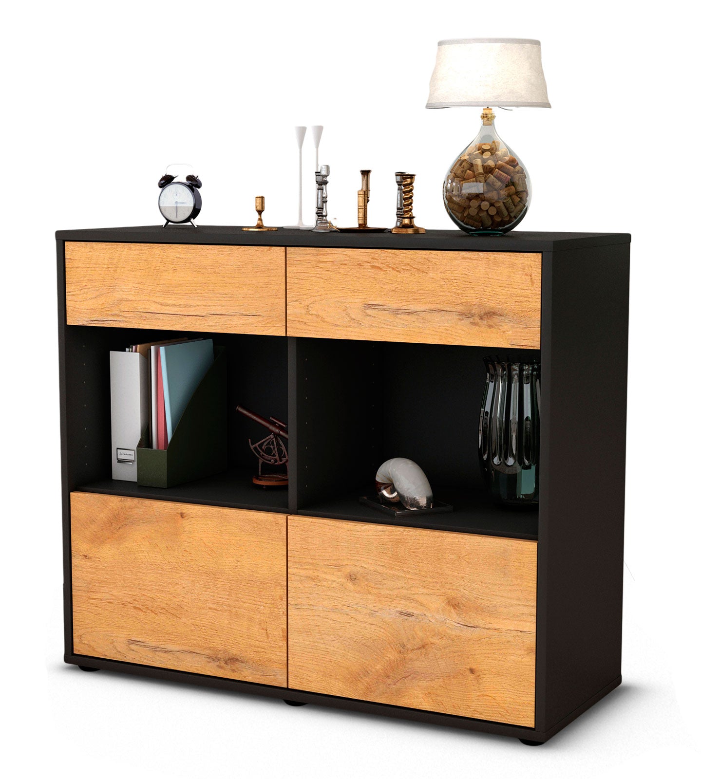 Sideboard - Christina - Design Holzdekor - Freistehend mit Push to open  92 cm Anthrazit