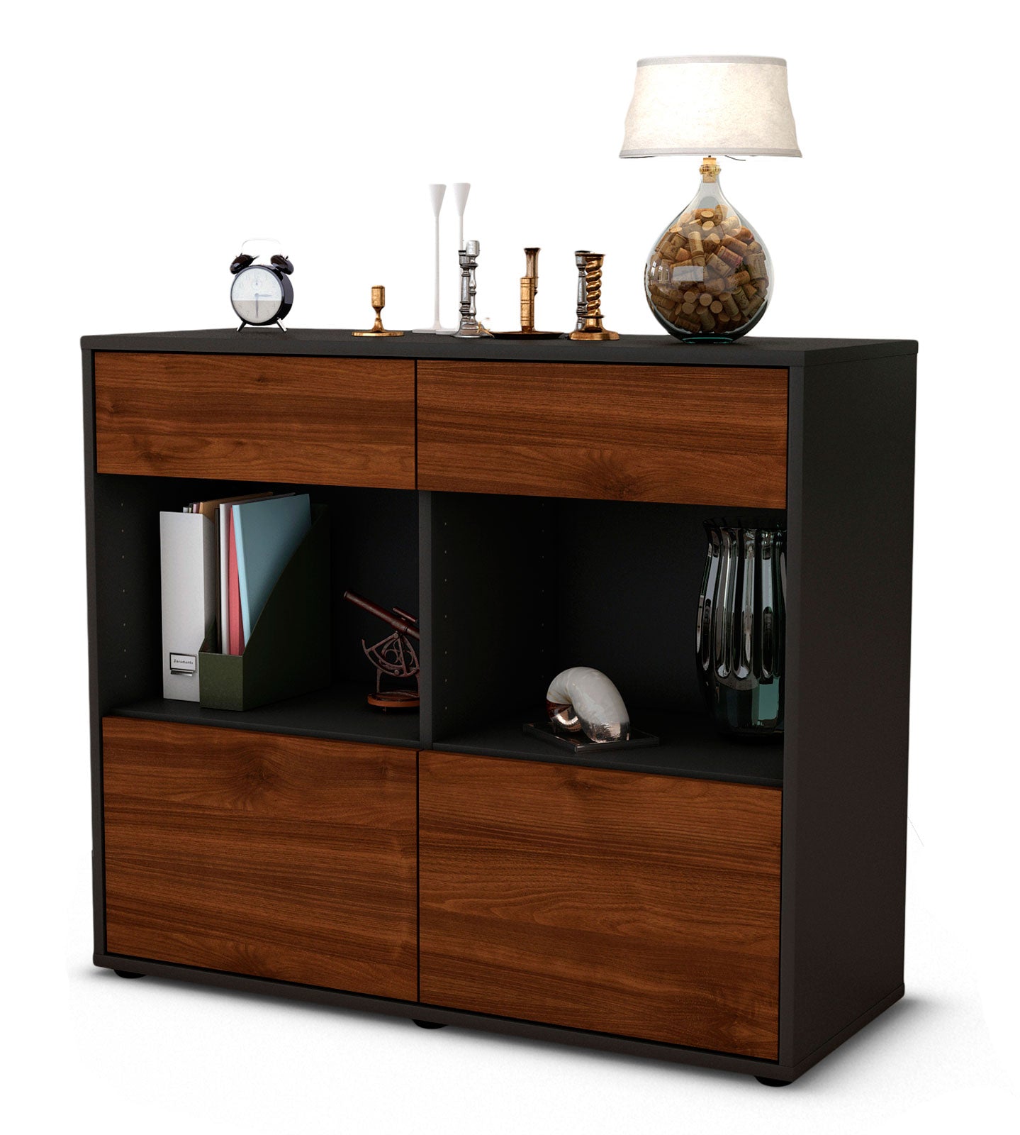 Sideboard - Christina - Design Holzdekor - Freistehend mit Push to open  92 cm Anthrazit