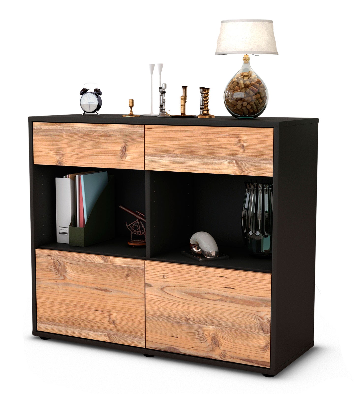 Sideboard - Christina - Design Holzdekor - Freistehend mit Push to open  92 cm Anthrazit