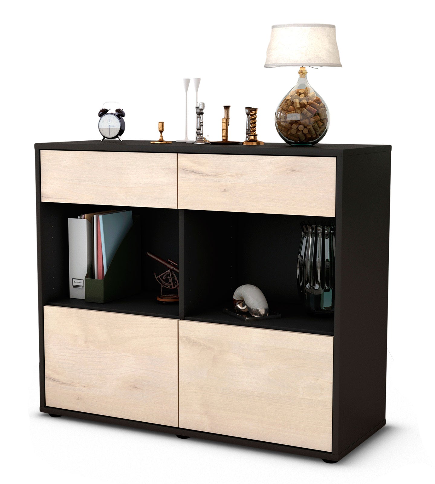 Sideboard - Christina - Design Holzdekor - Freistehend mit Push to open  92 cm Anthrazit