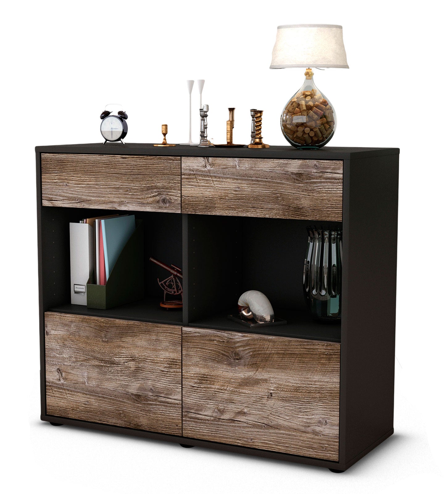 Sideboard - Christina - Design Holzdekor - Freistehend mit Push to open  92 cm Anthrazit