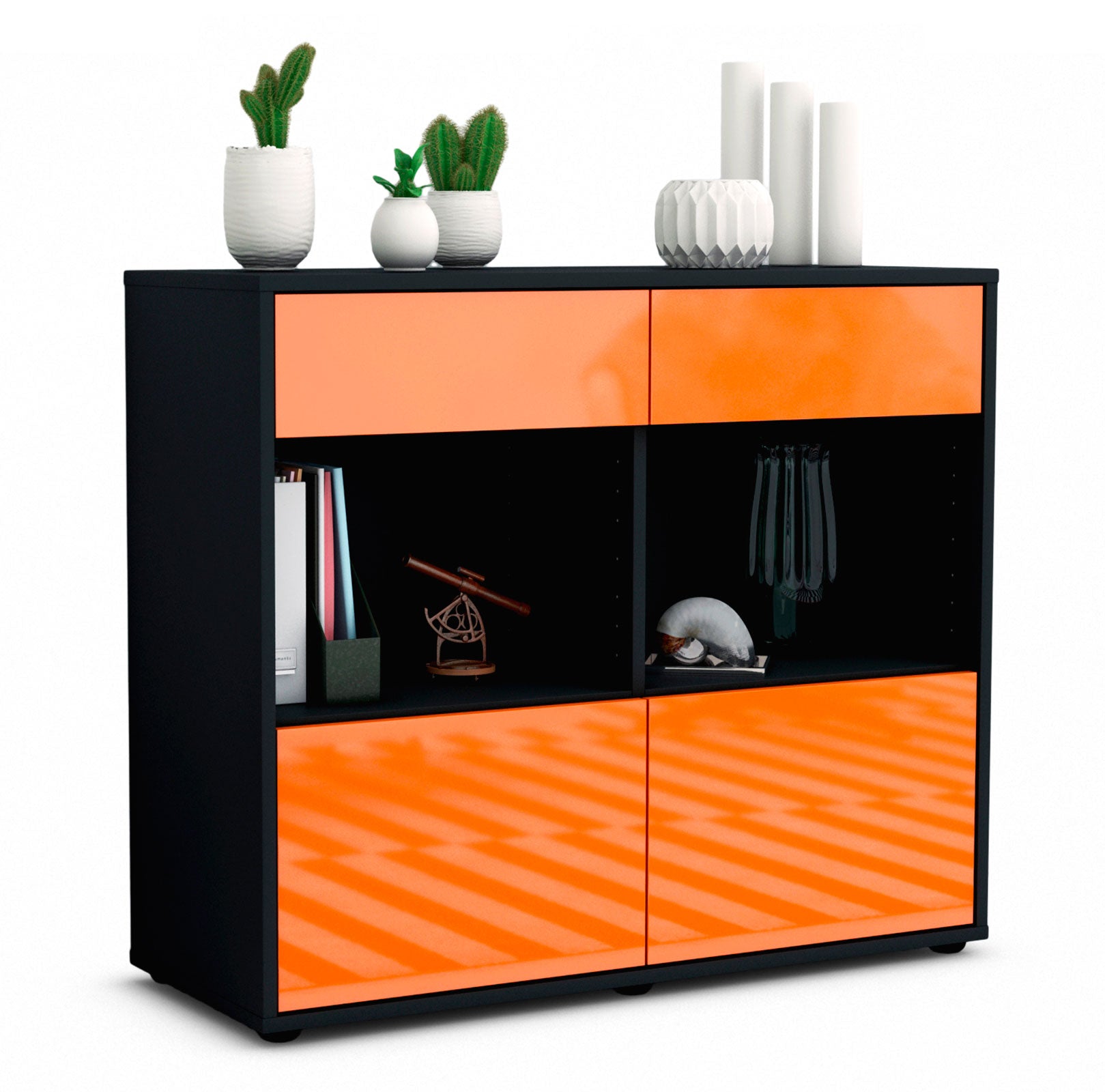 Sideboard - Christina - Design Hochglanz - Freistehend mit Push to open  92 cm Anthrazit