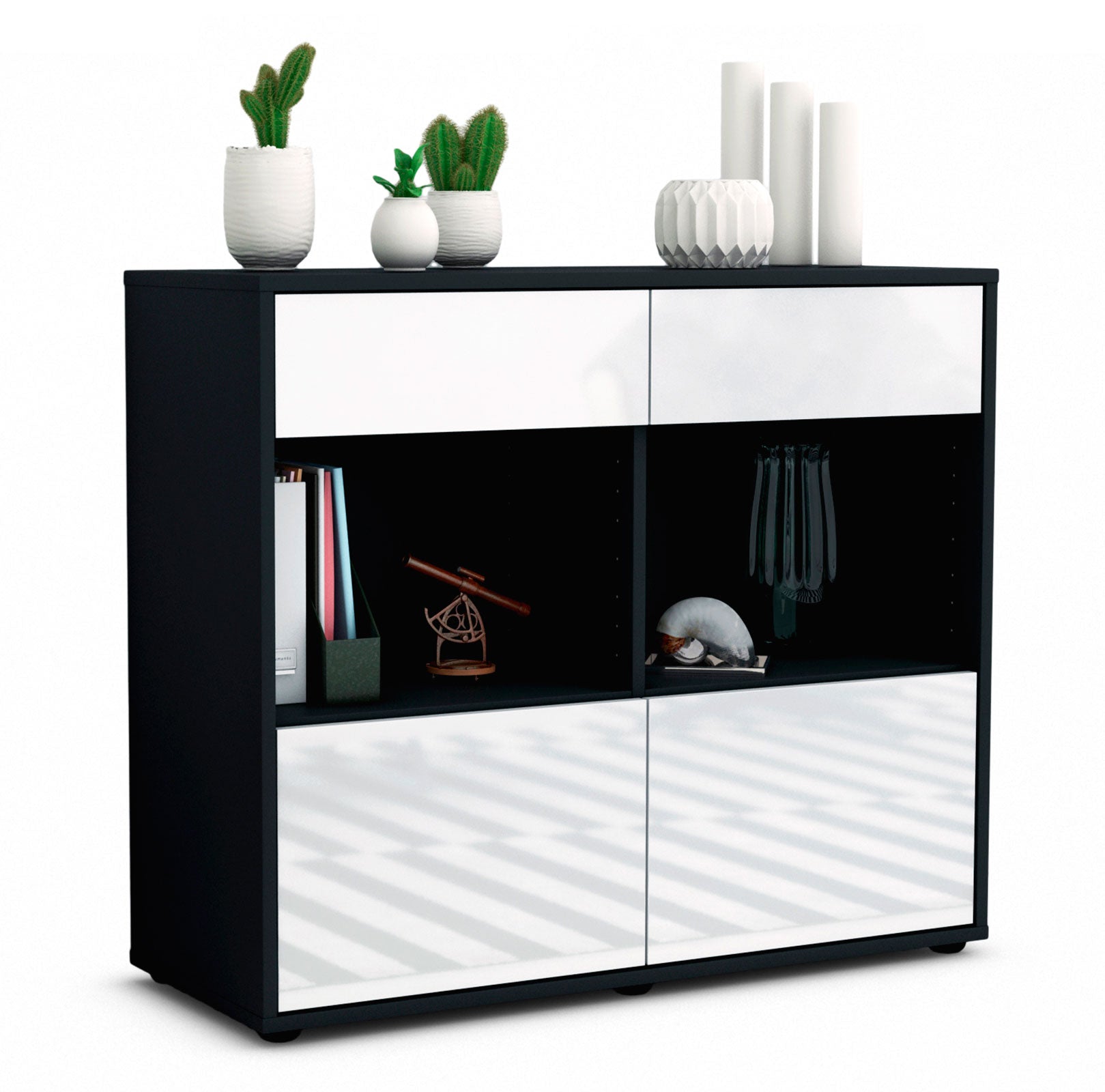 Sideboard - Christina - Design Hochglanz - Freistehend mit Push to open  92 cm Anthrazit