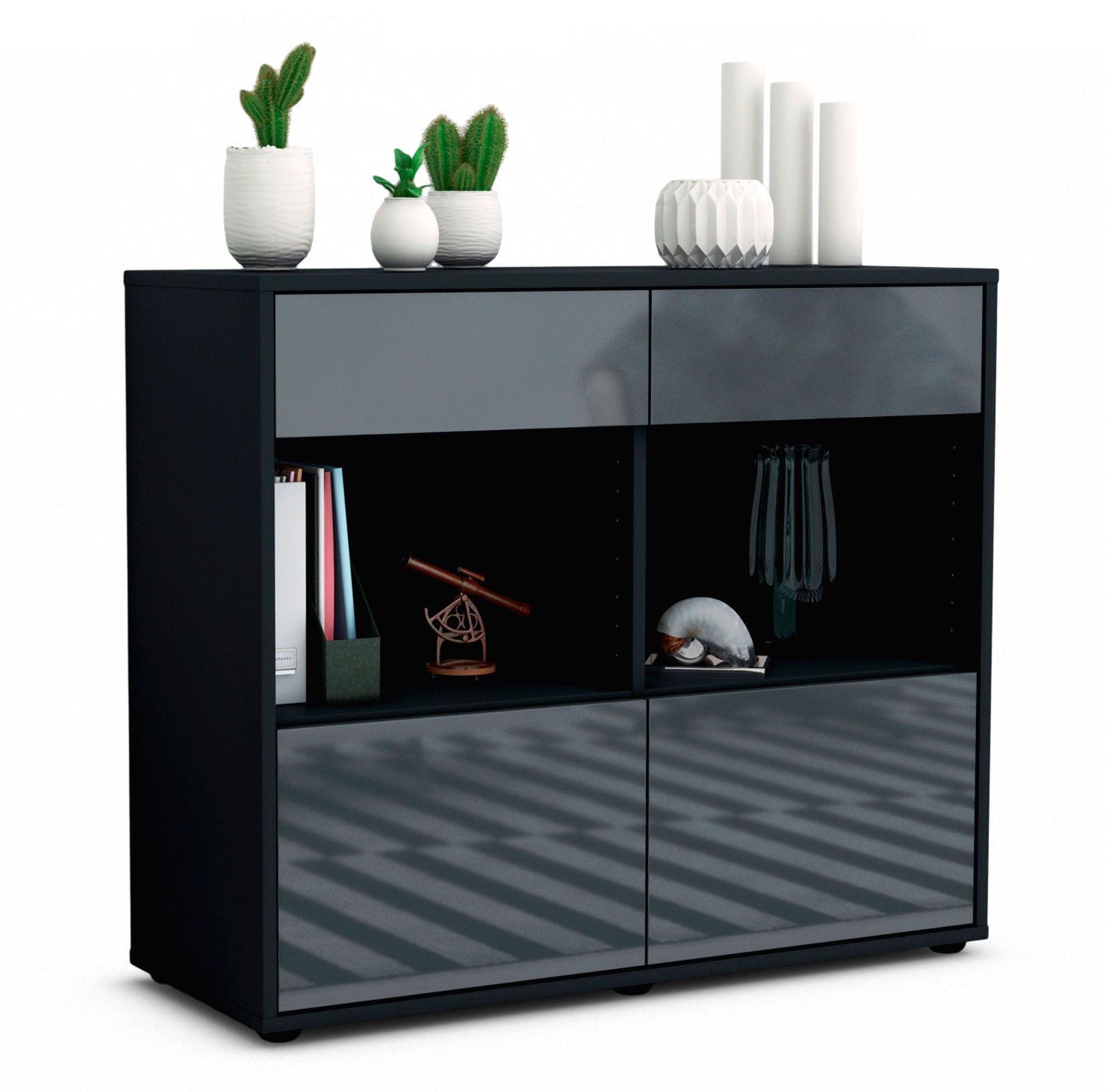 Sideboard - Christina - Design Hochglanz - Freistehend mit Push to open  92 cm Anthrazit