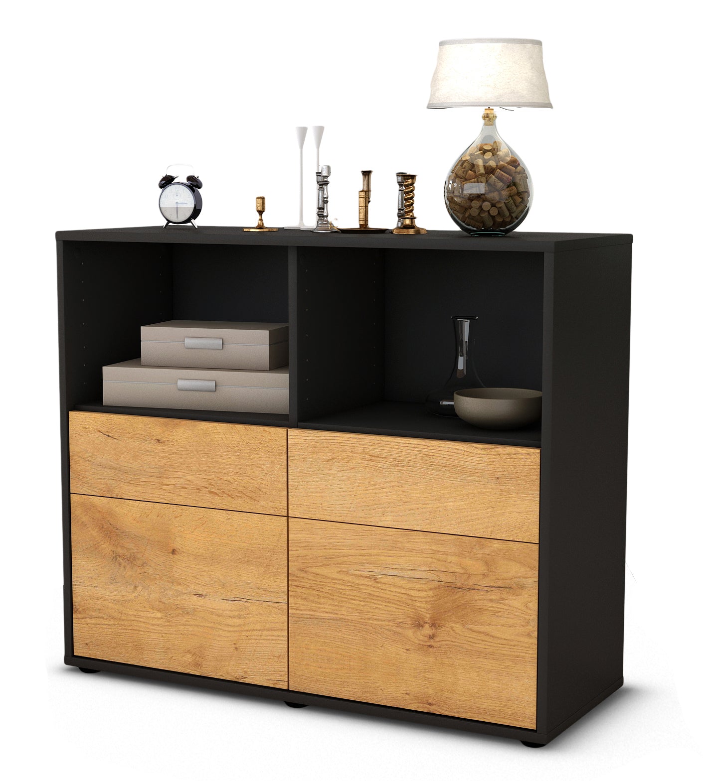 Sideboard - Christine - Design Holzdekor - Freistehend mit Push to open  92 cm Anthrazit