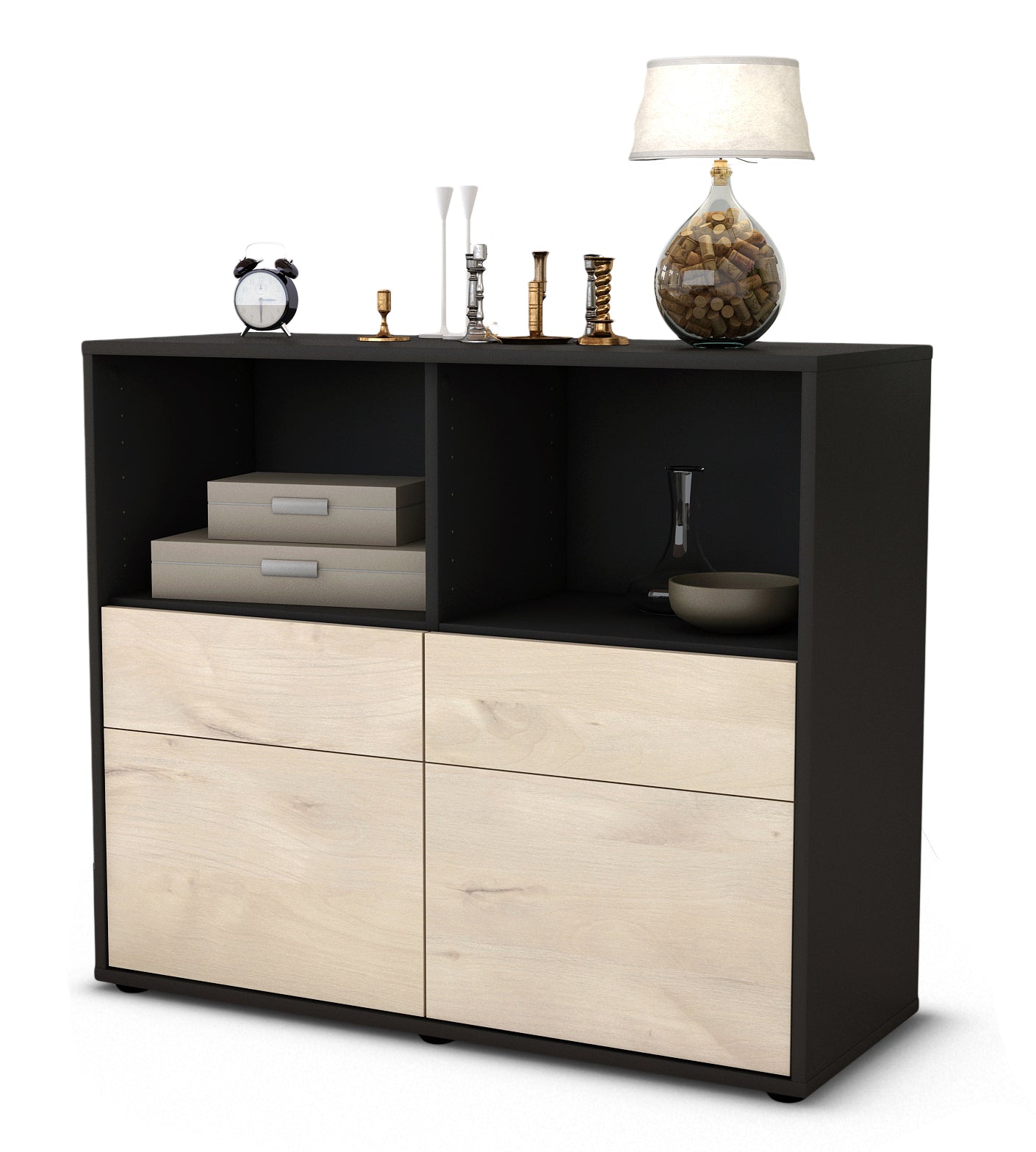 Sideboard - Christine - Design Holzdekor - Freistehend mit Push to open  92 cm Anthrazit