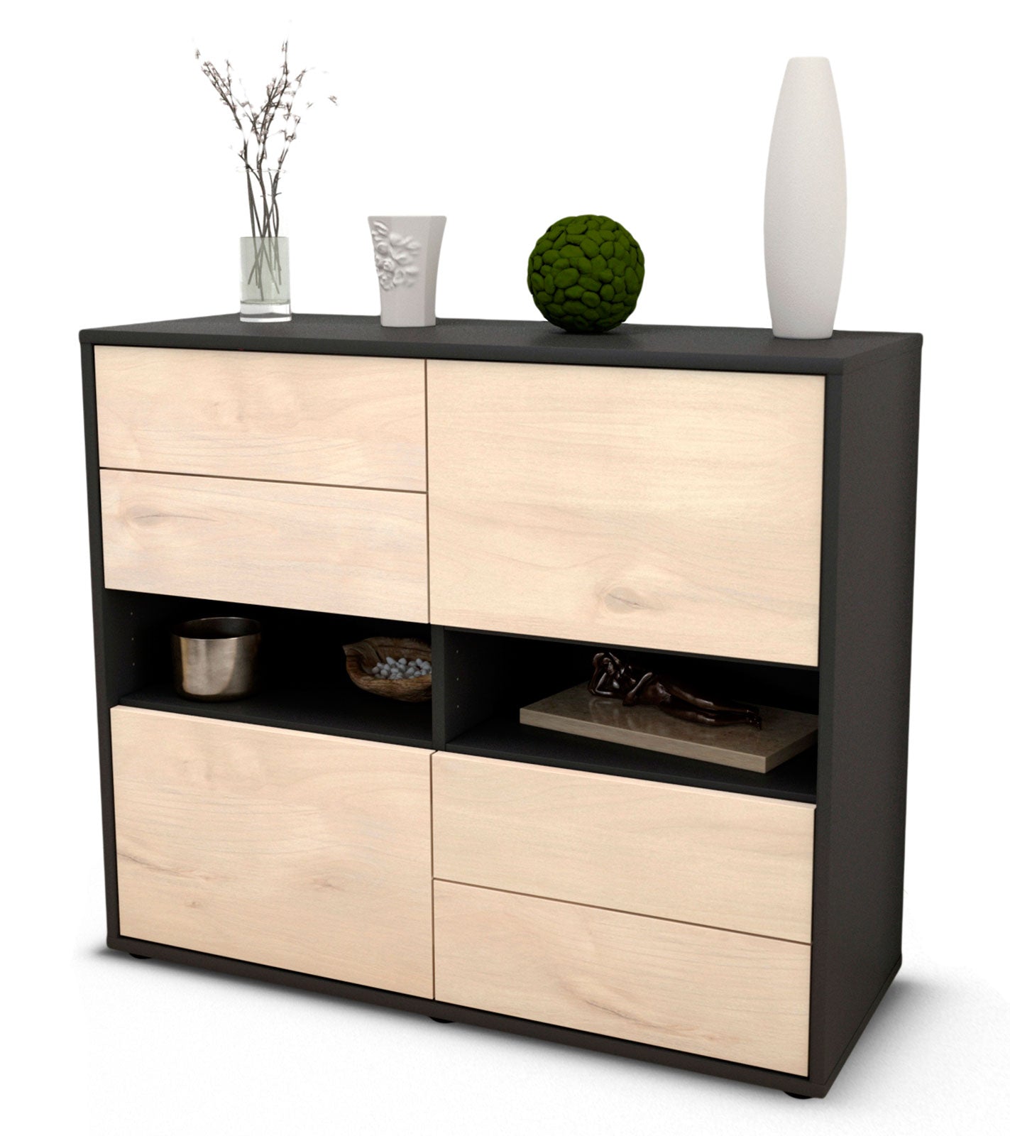 Sideboard - Claudia - Design Holzdekor - Freistehend mit Push to open  92 cm Anthrazit