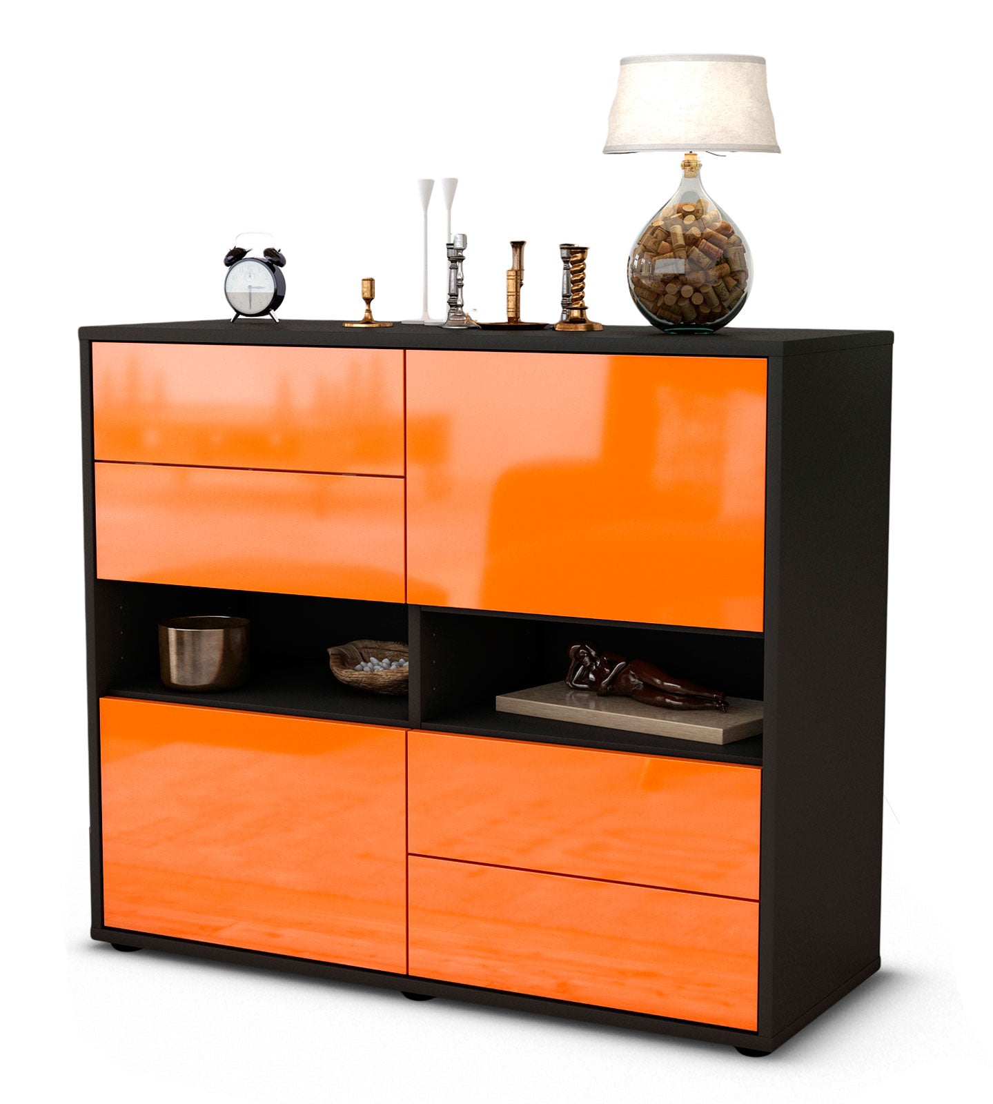 Sideboard - Claudia - Design Hochglanz - Freistehend mit Push to open  92 cm Anthrazit