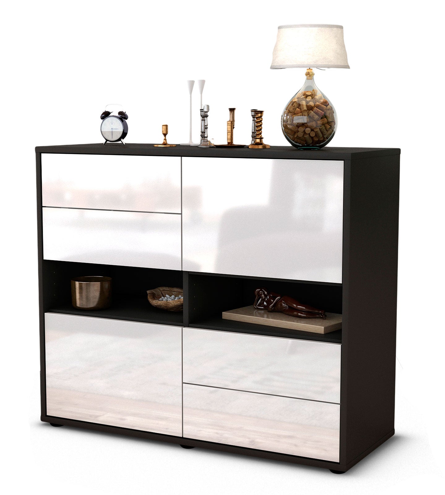 Sideboard - Claudia - Design Hochglanz - Freistehend mit Push to open  92 cm Anthrazit