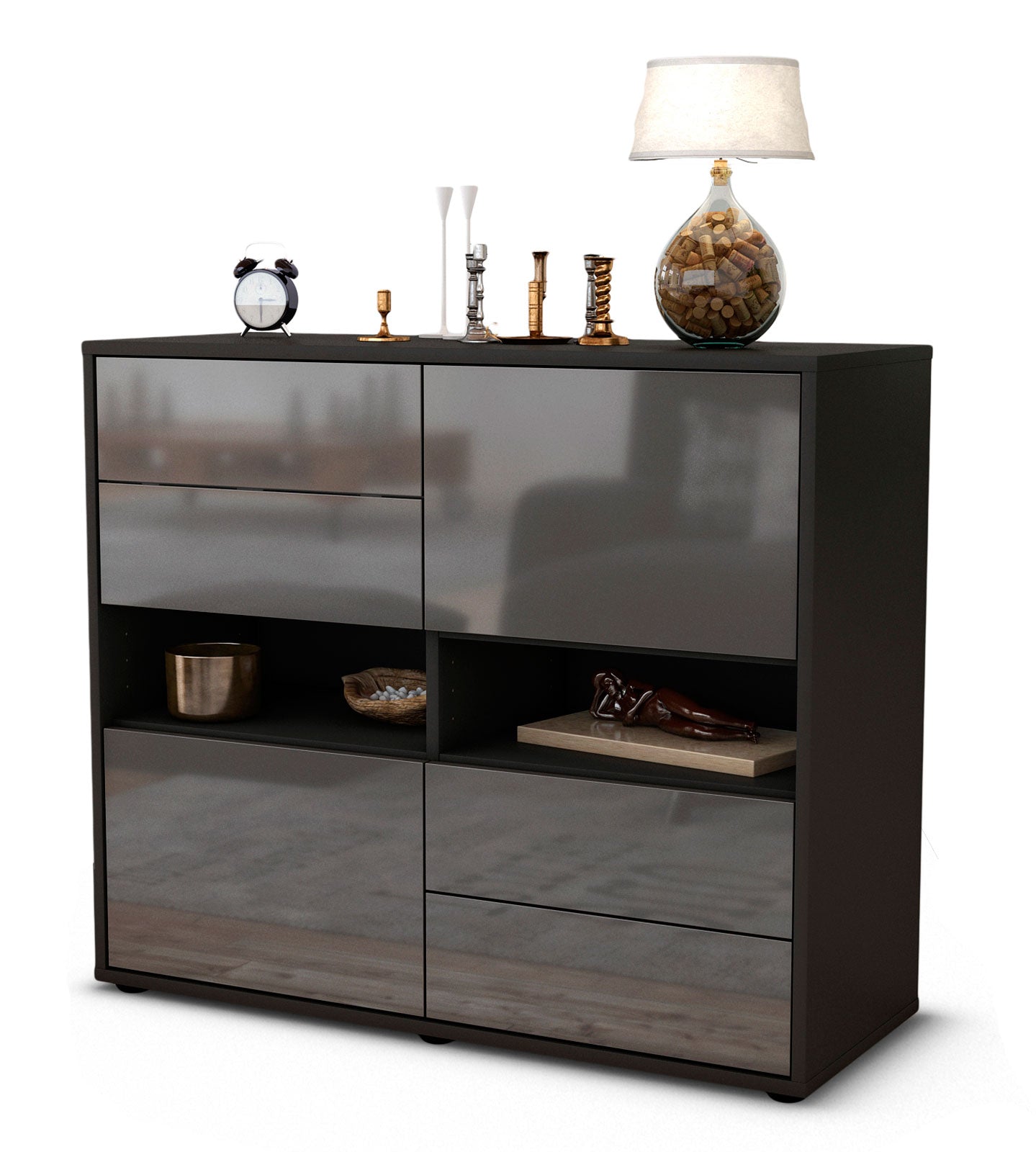 Sideboard - Claudia - Design Hochglanz - Freistehend mit Push to open  92 cm Anthrazit